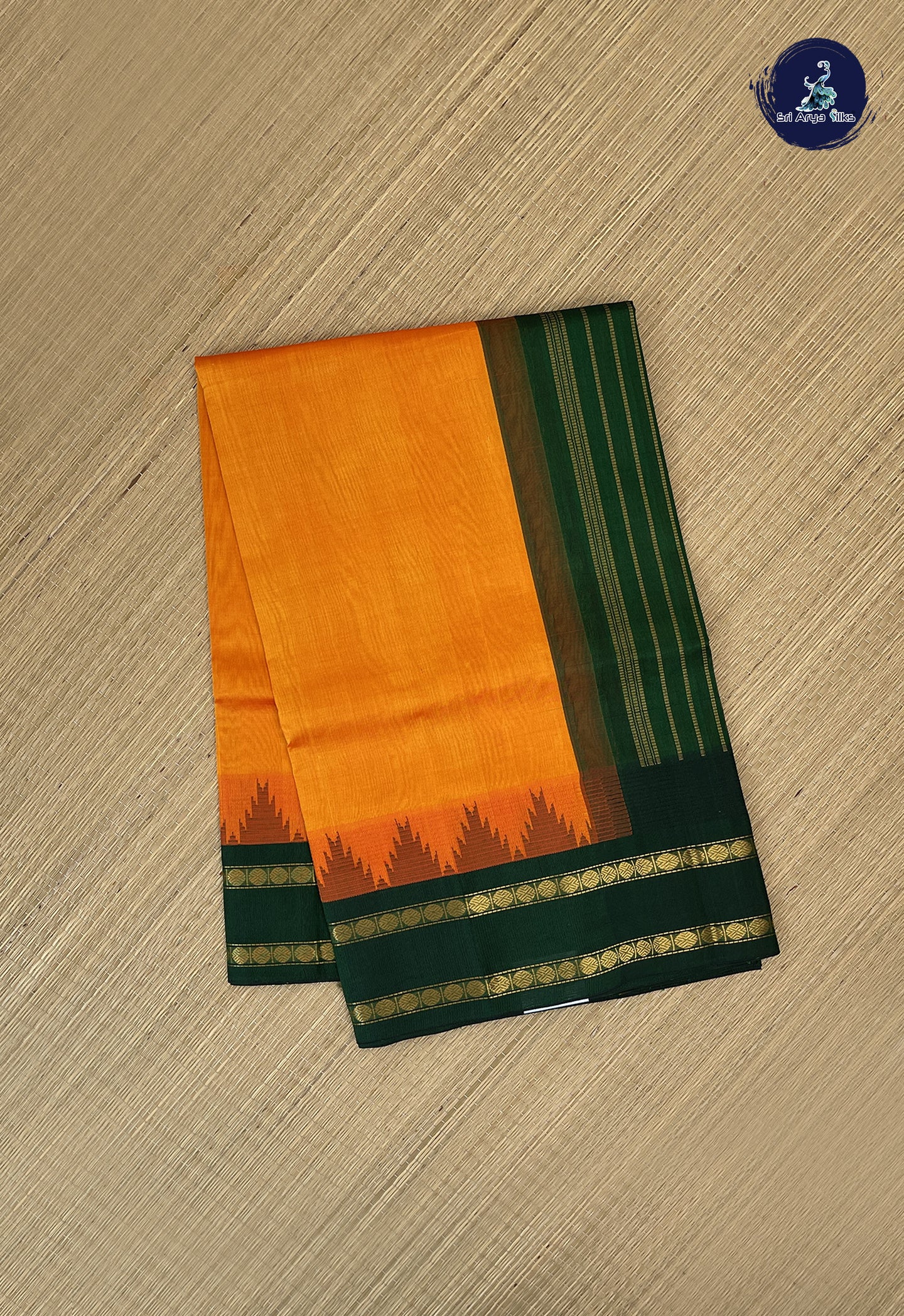 Yellowish Orange Korvai Silk Cotton Saree With Plain Pattern