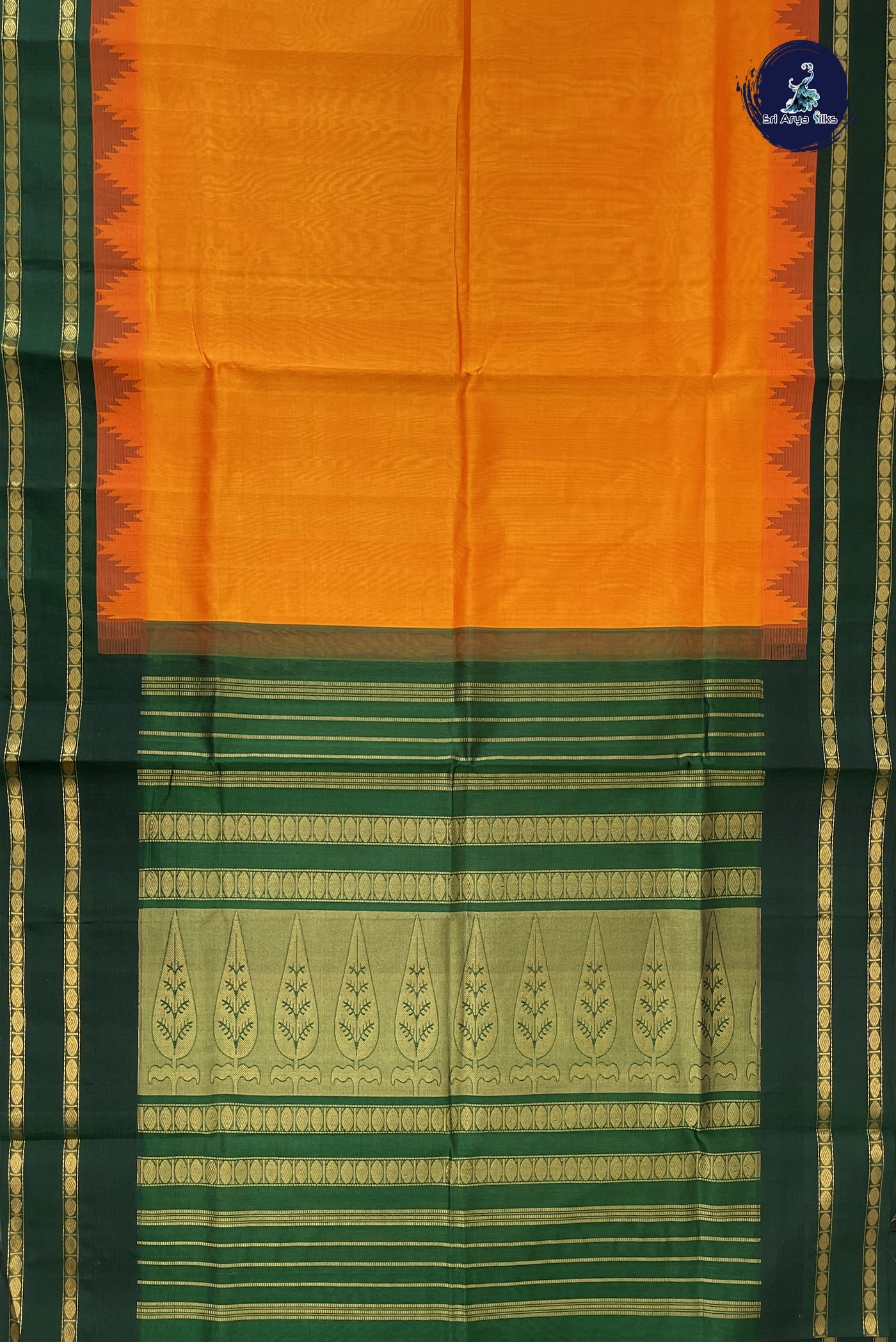 Yellowish Orange Korvai Silk Cotton Saree With Plain Pattern