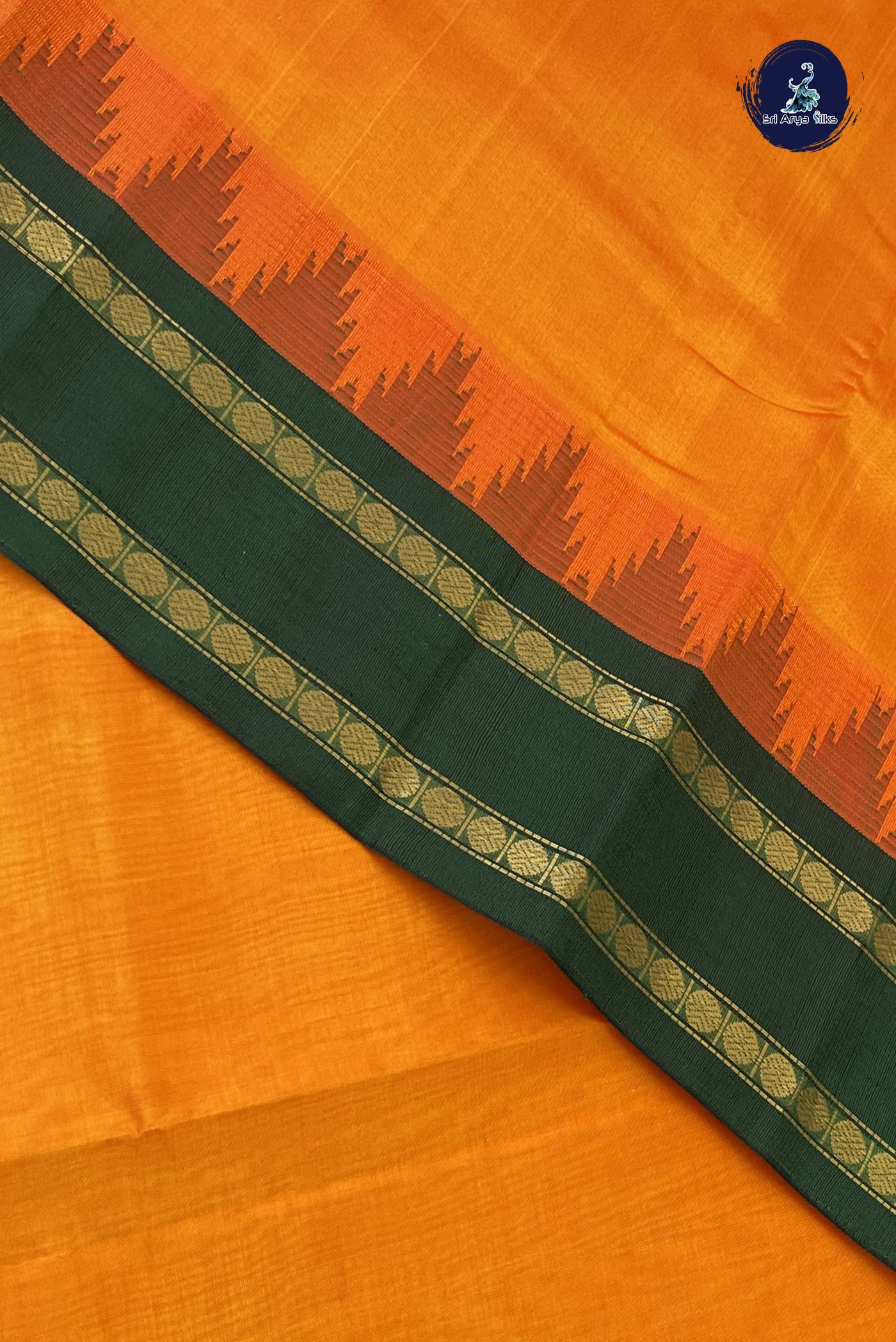 Yellowish Orange Korvai Silk Cotton Saree With Plain Pattern