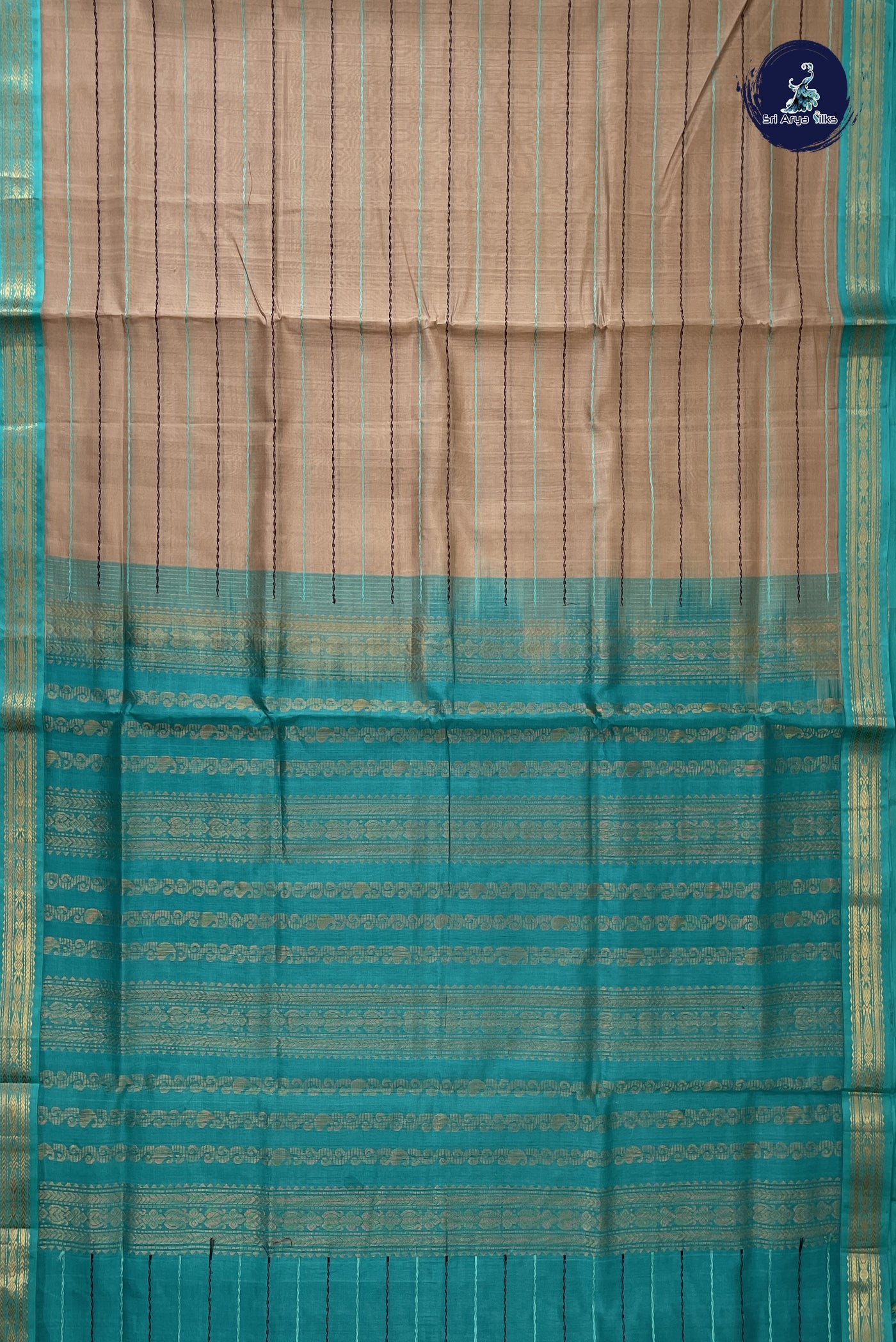 Beige Korvai Silk Cotton Saree With Veldhari Stripes Pattern