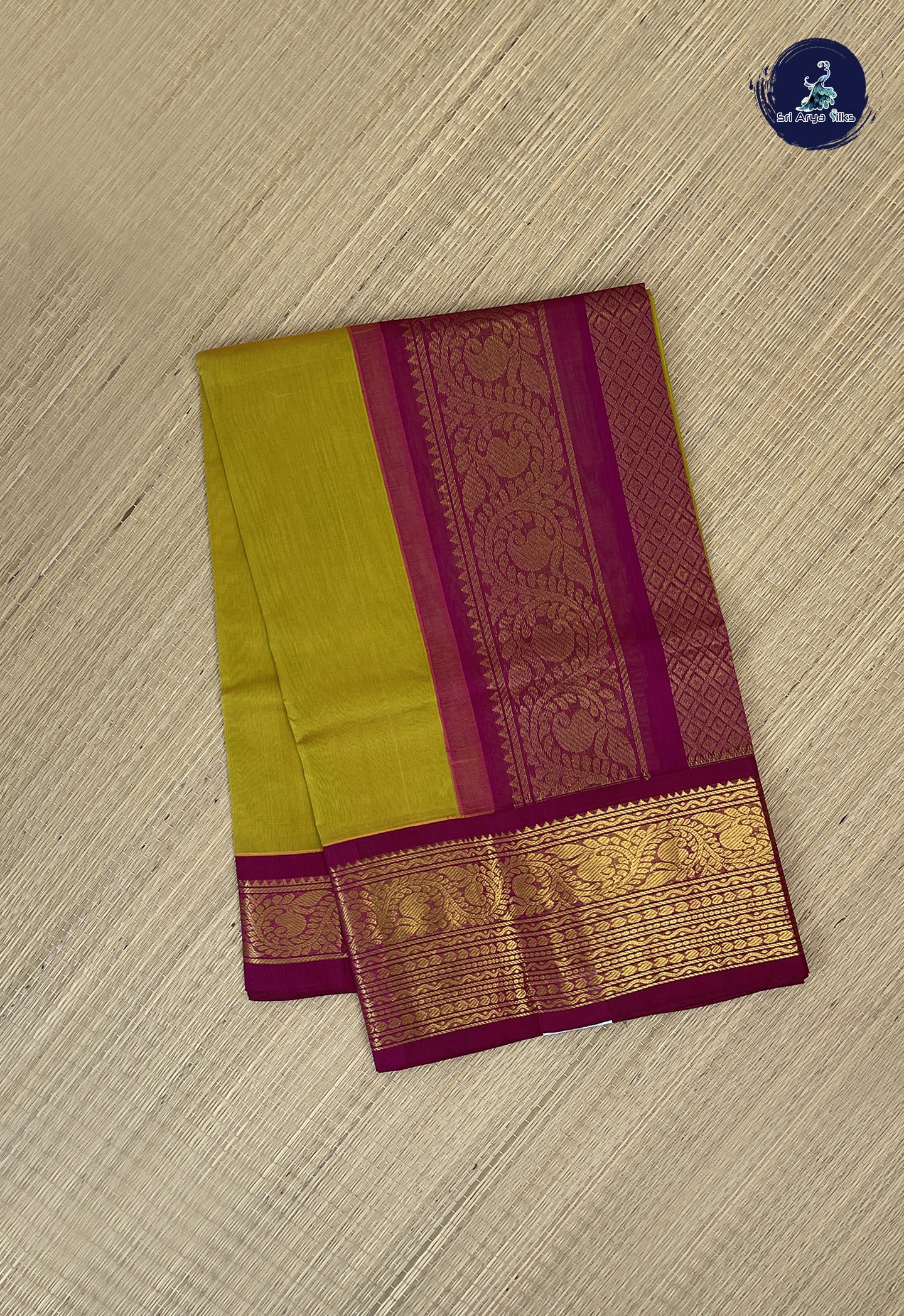 Mustard Yellow Korvai Silk Cotton Saree With Plain Pattern