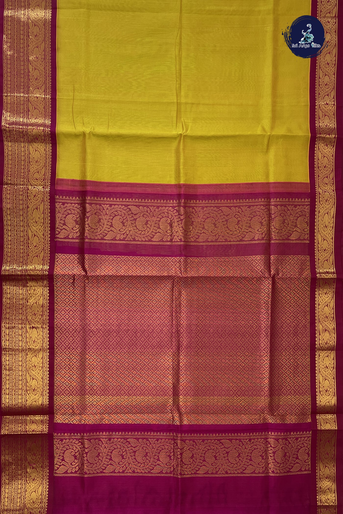 Mustard Yellow Korvai Silk Cotton Saree With Plain Pattern