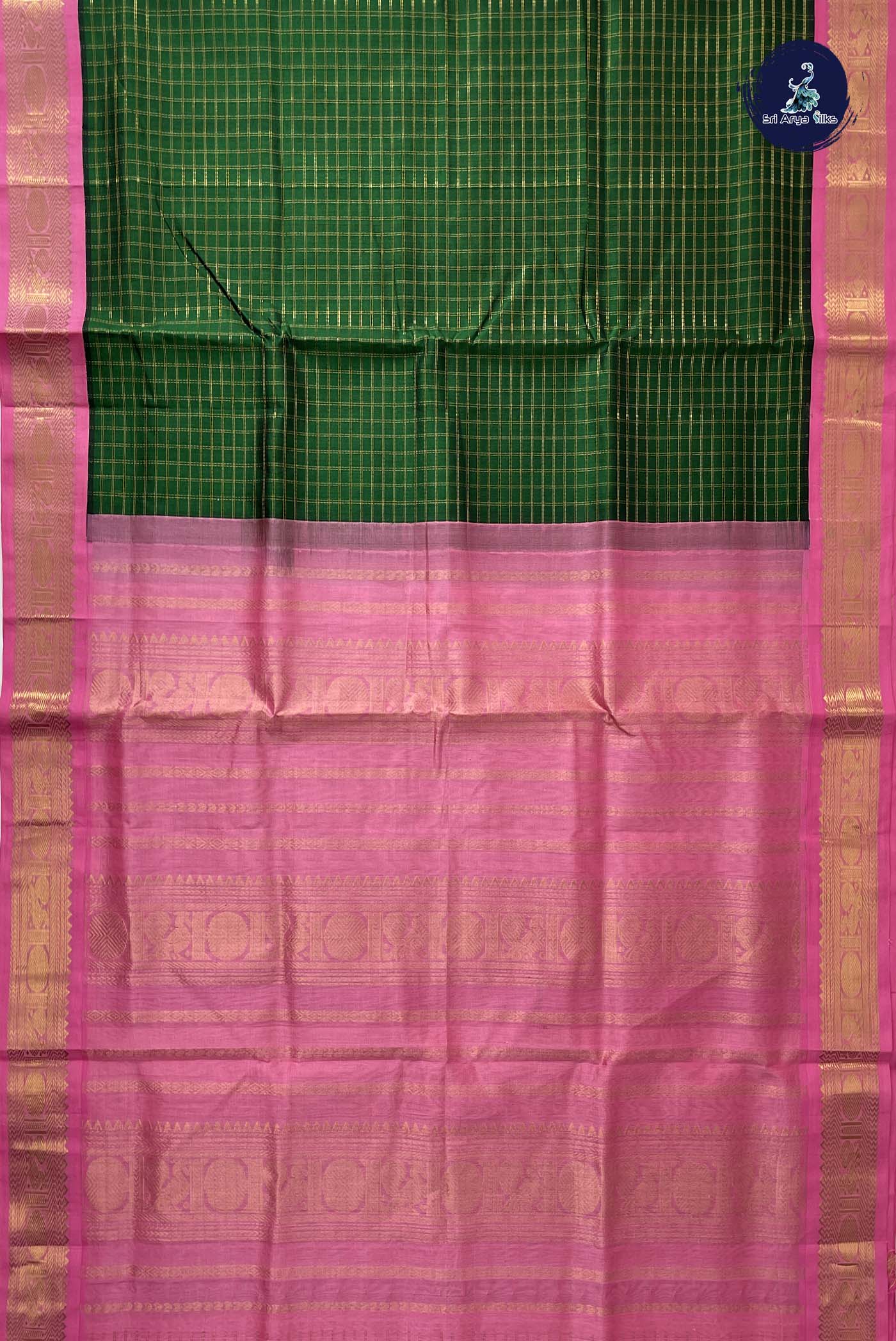 Bottle Green Checked Saree With Zari Checked Pattern