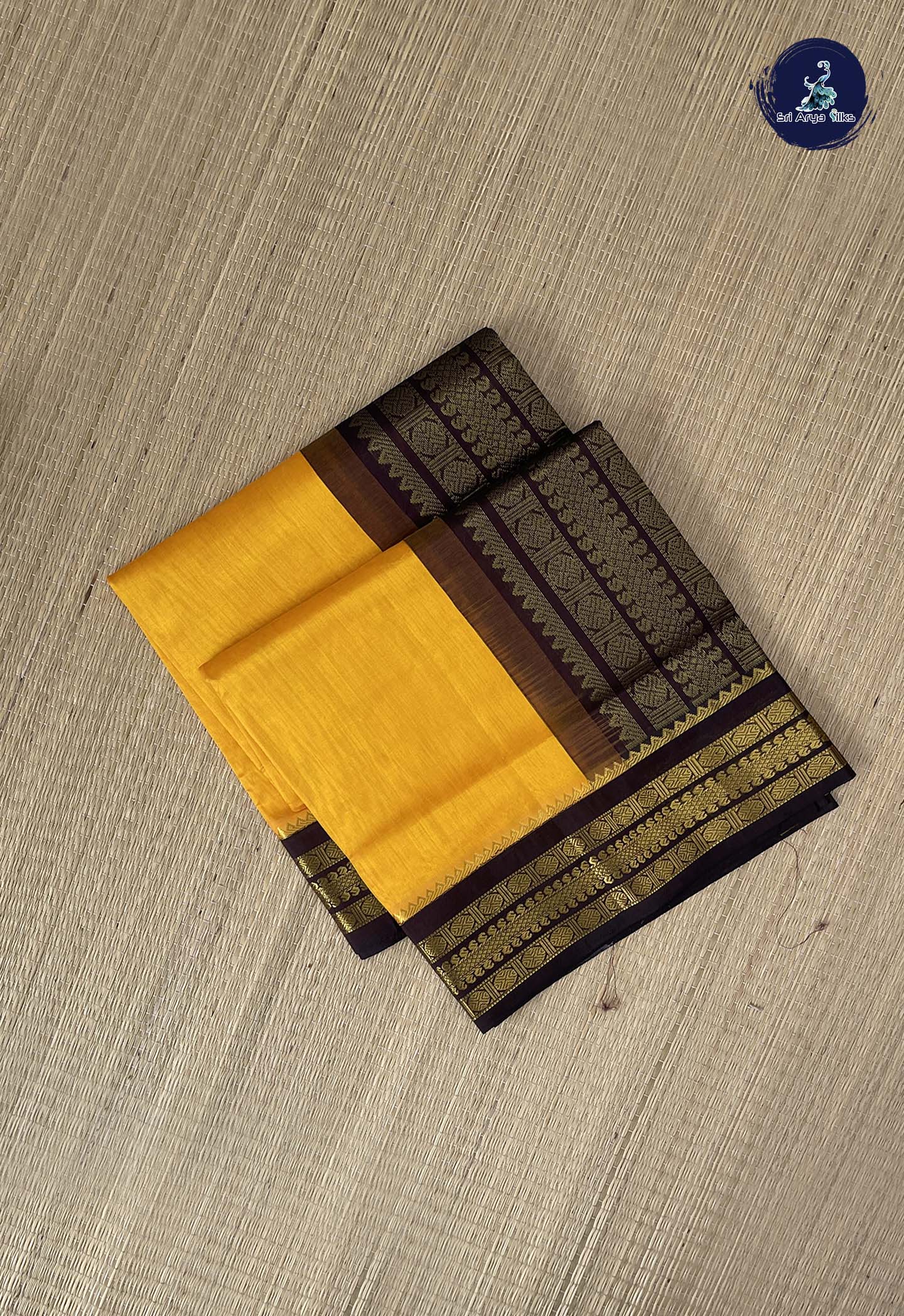 Mango Yellow Korvai Silk Cotton Saree With Plain Pattern