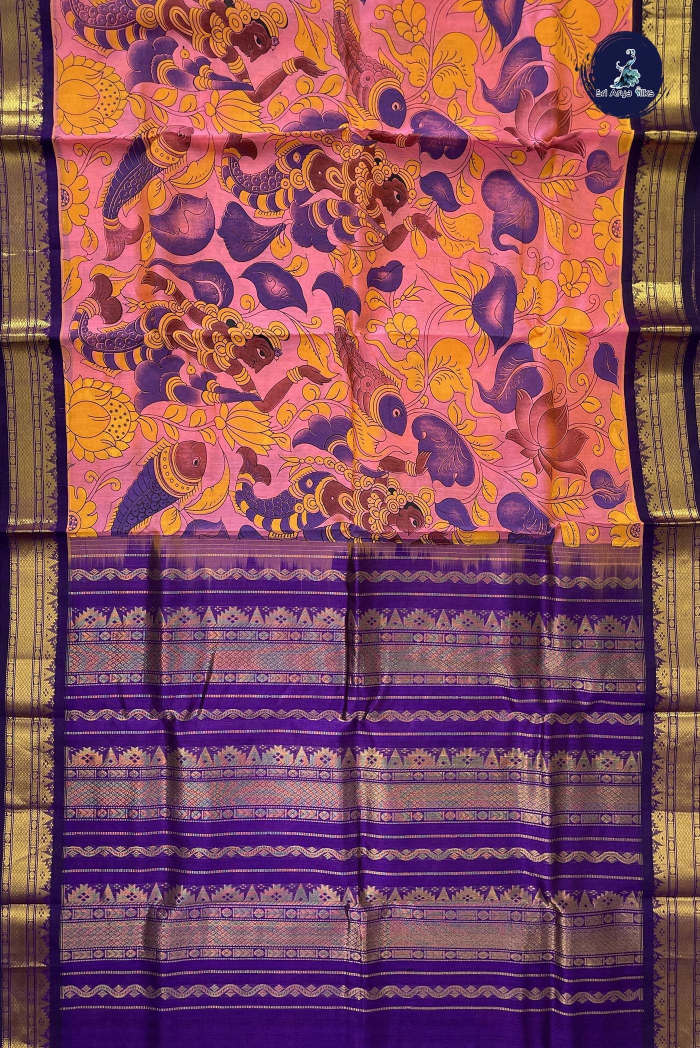 Pink Korvai Silk Cotton Saree With Kalamkari Pattern