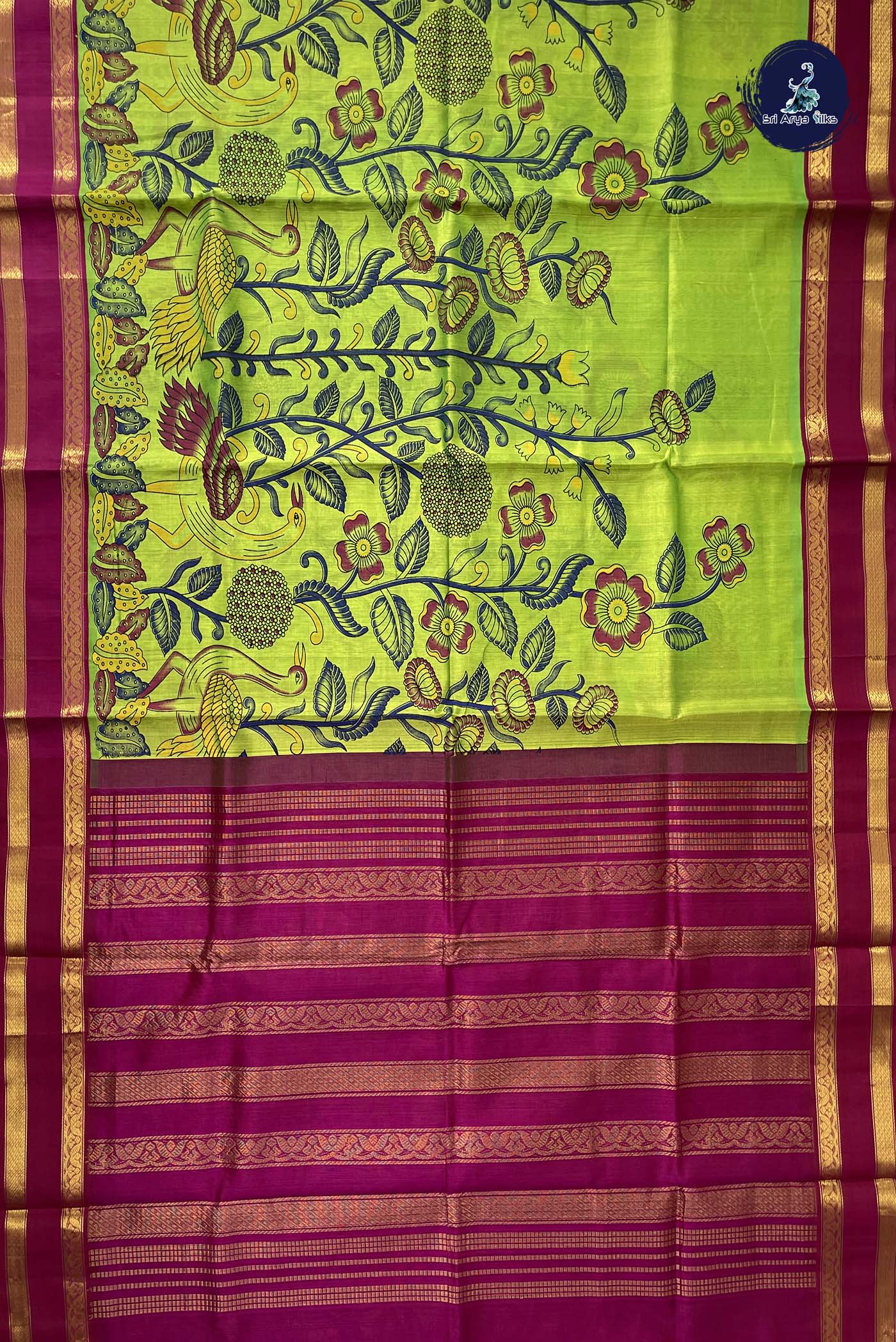 Green Korvai Silk Cotton Saree With Kalamkari Pattern