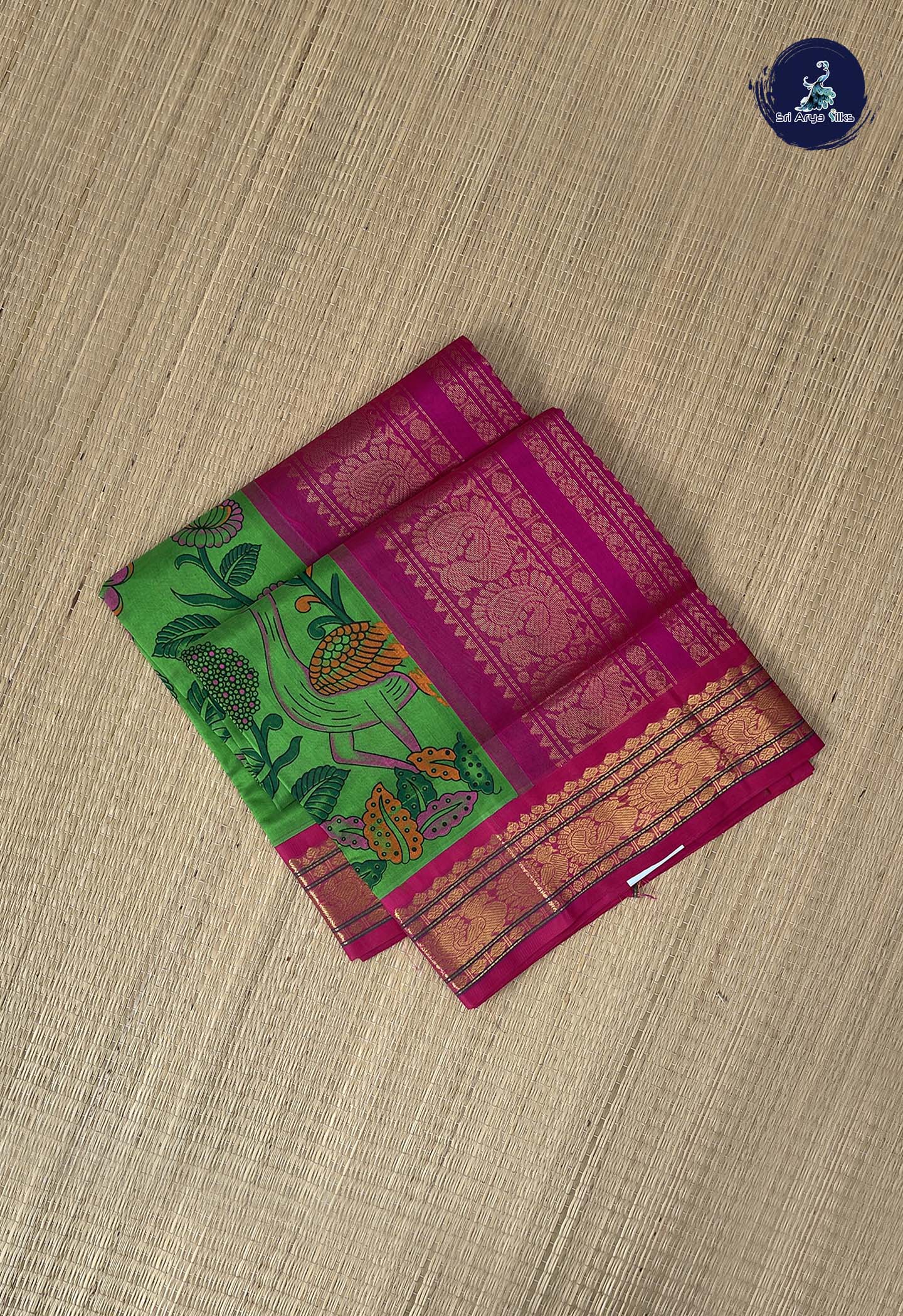 Green Korvai Silk Cotton Saree With Kalamkari Pattern