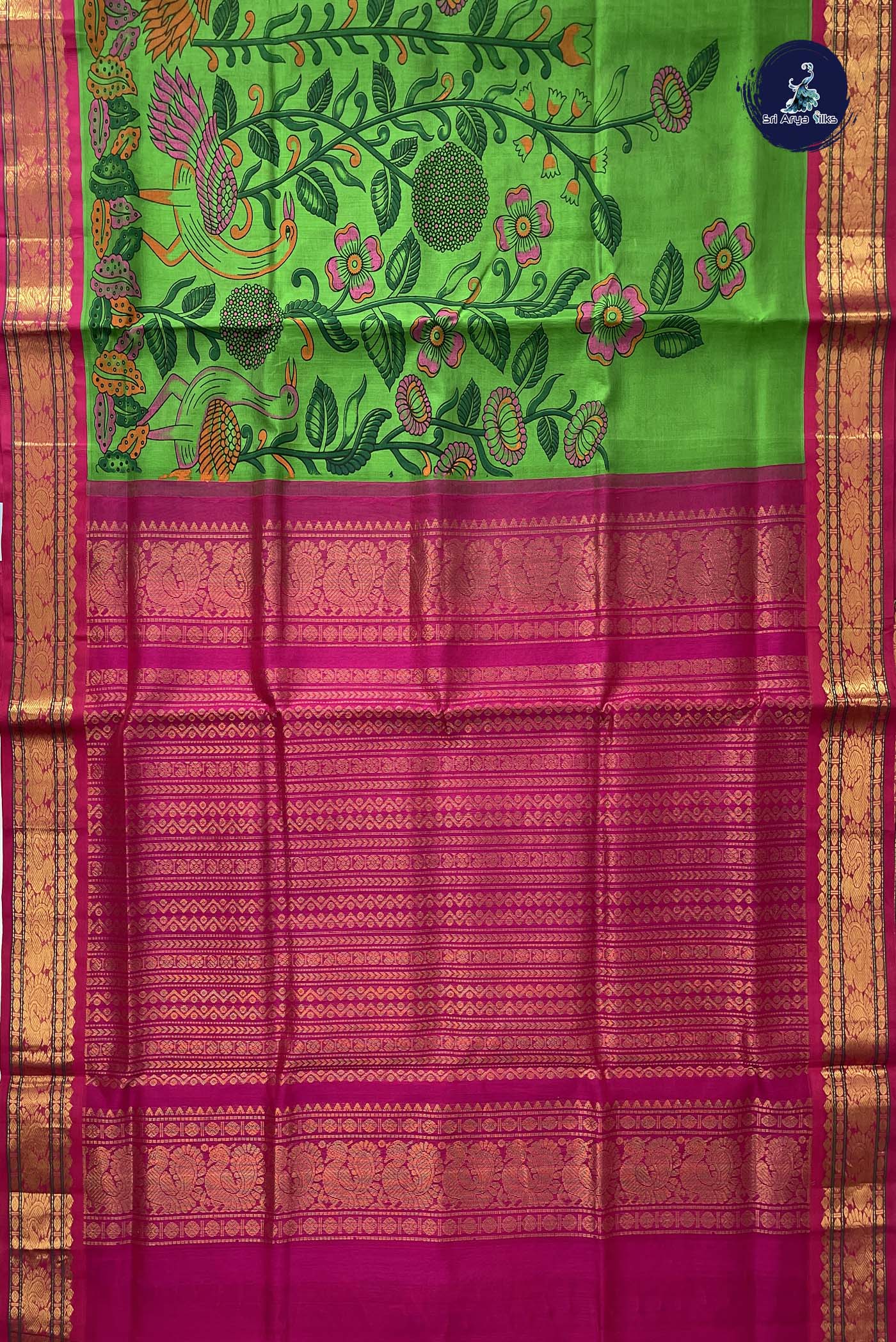 Green Korvai Silk Cotton Saree With Kalamkari Pattern