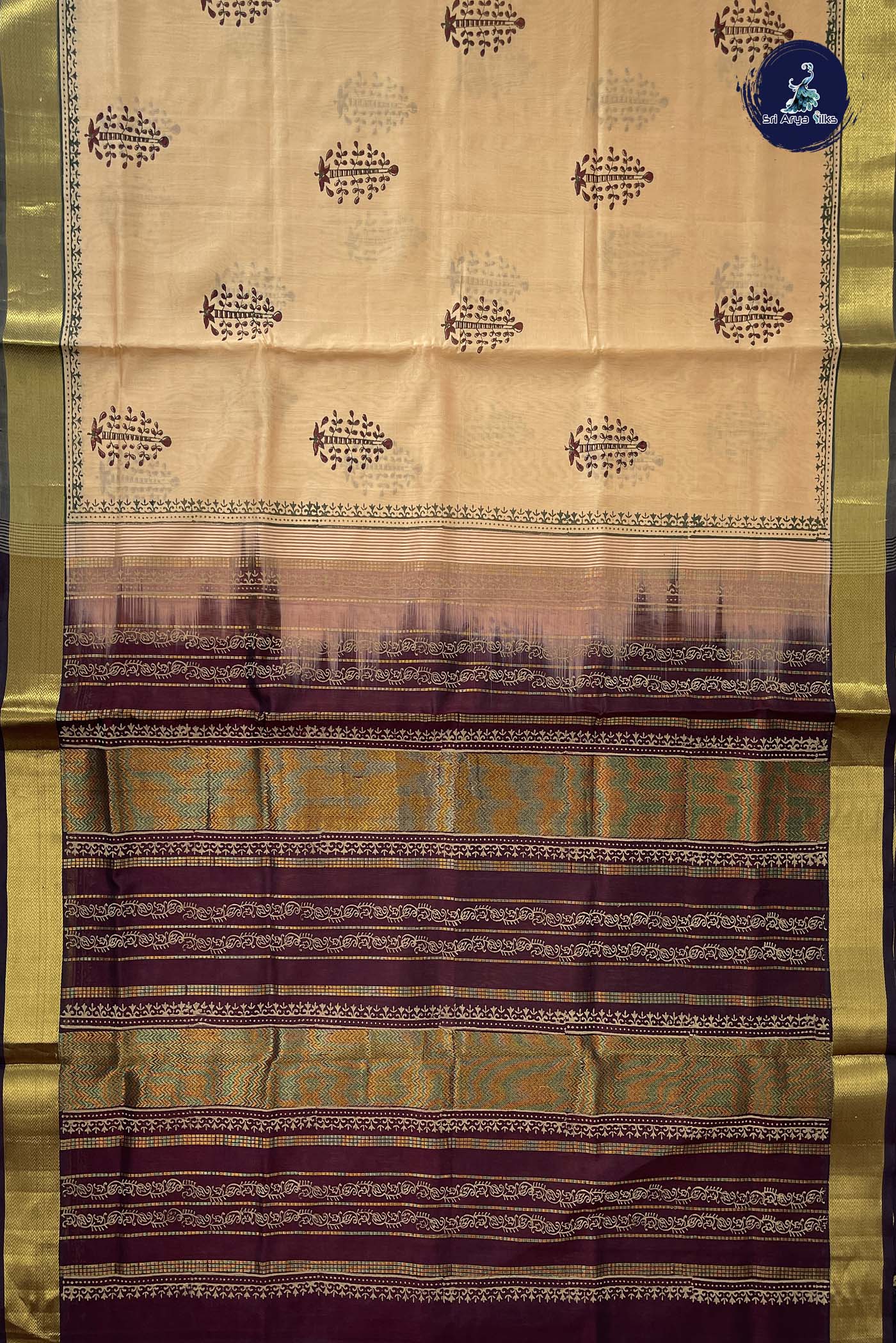 Chikku Shade Simple Silk Cotton Saree With Printed Pattern