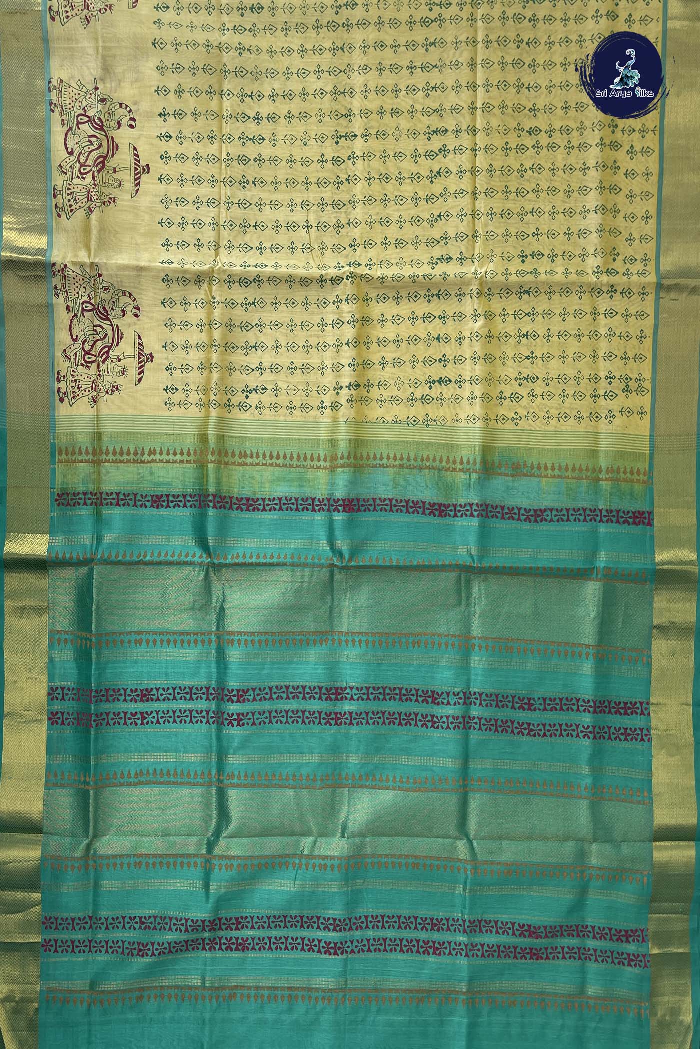 Creamish Yellow Simple Silk Cotton Saree With Printed Pattern