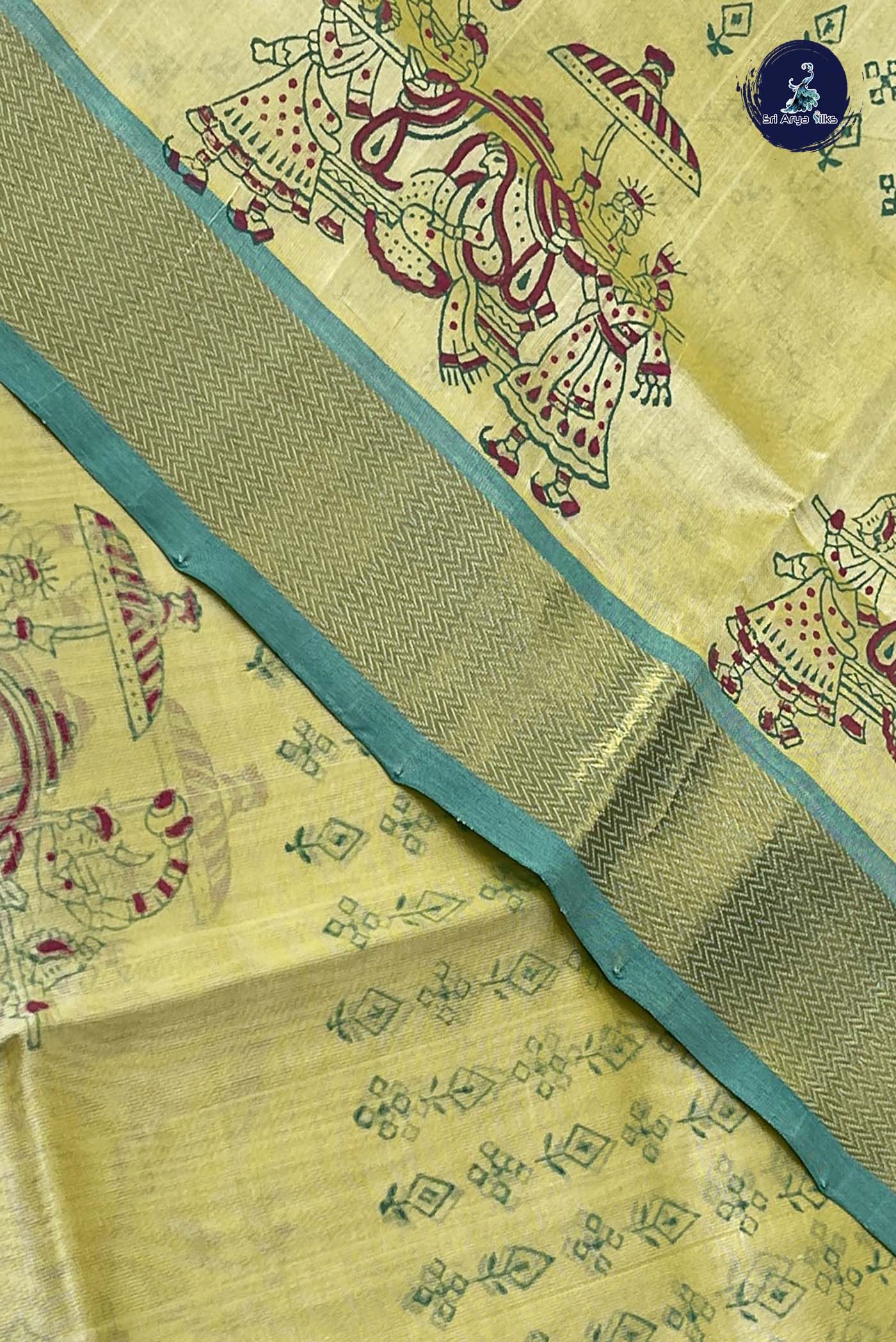 Creamish Yellow Simple Silk Cotton Saree With Printed Pattern