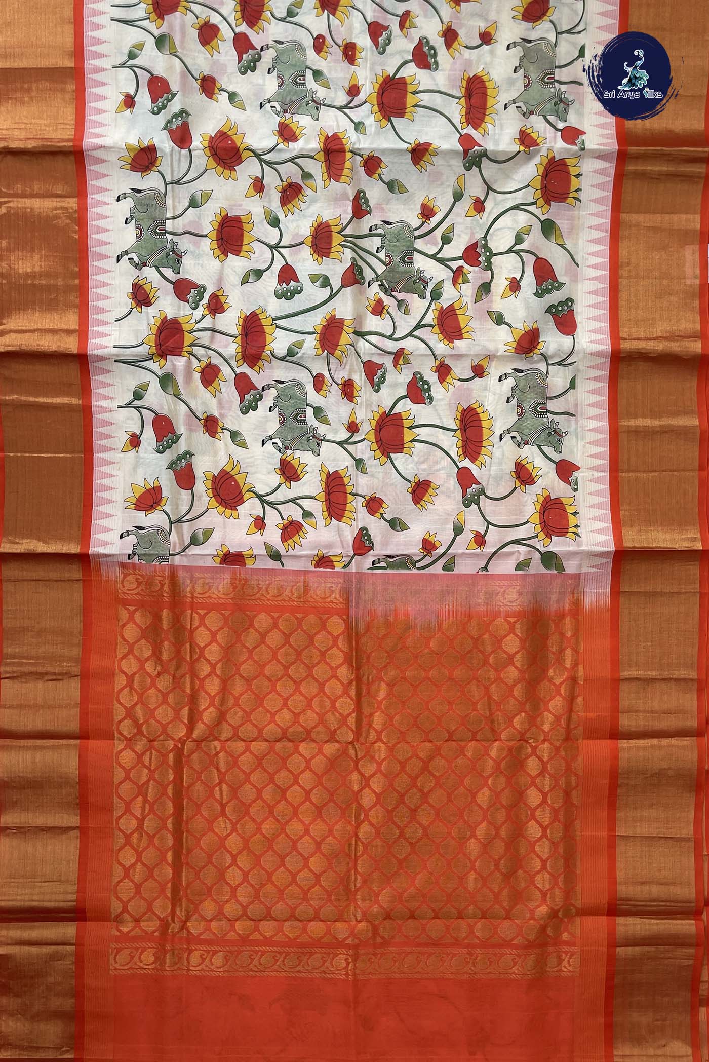 Off White Korvai Silk Cotton Saree With Printed Pattern