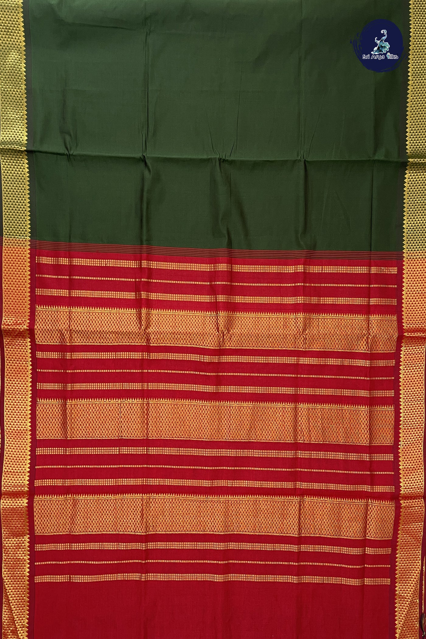 Dark Green Kanchi Semi Silk Cotton Saree With Plain Pattern