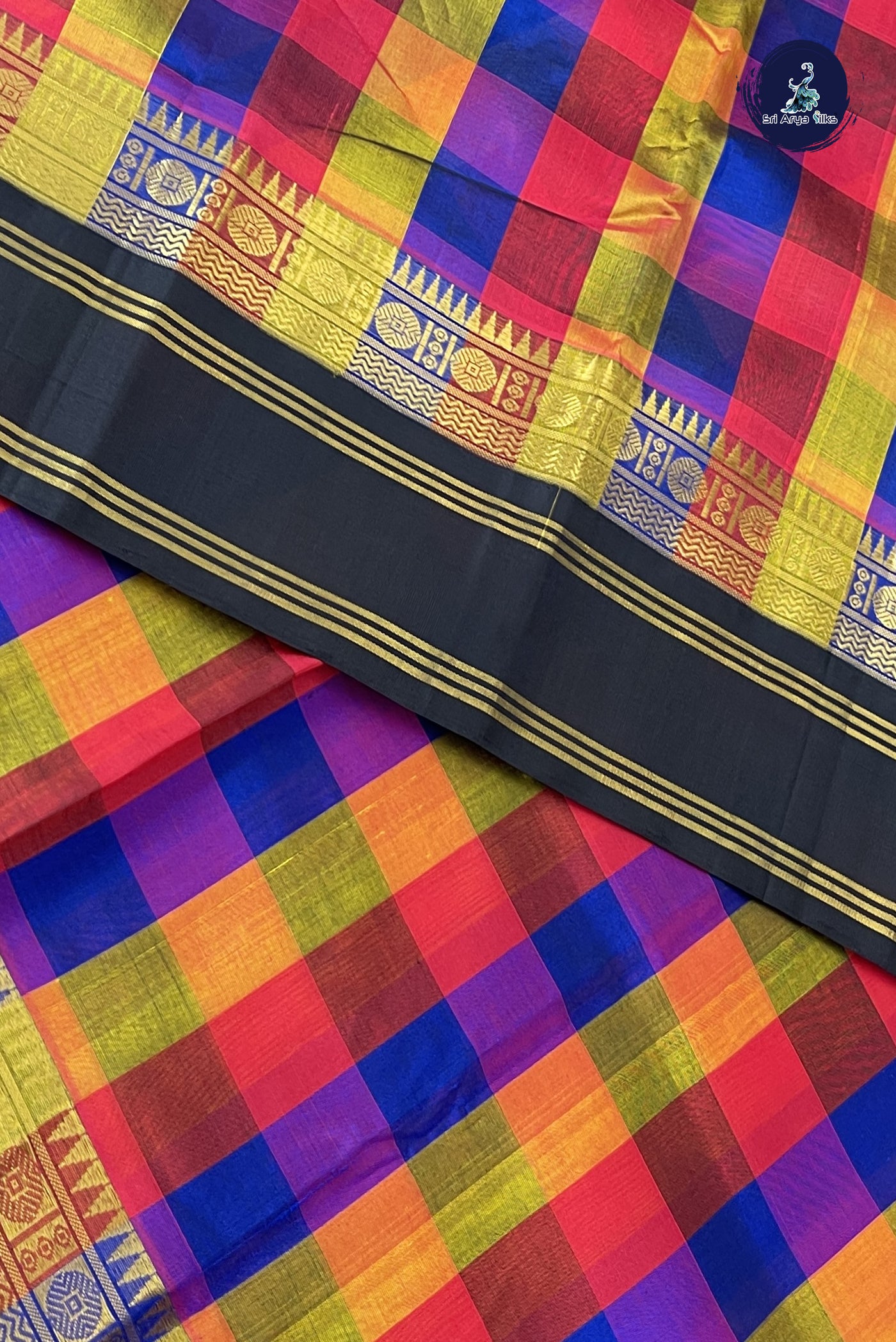 Multi Colour Korvai Silk Cotton Saree With Paalum Pazham Kattam Pattern