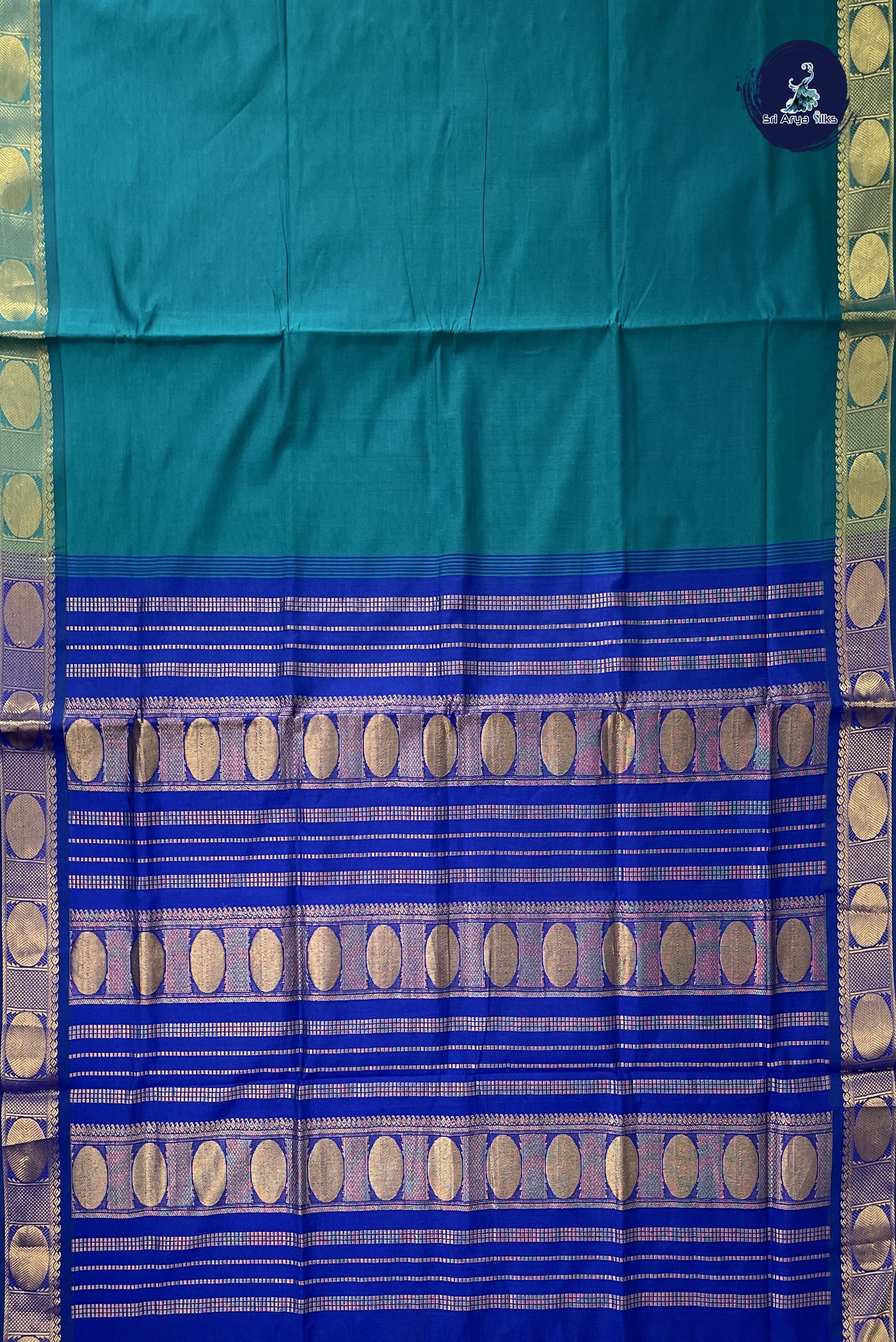 Teal Kanchi Semi Silk Cotton Saree With Plain Pattern