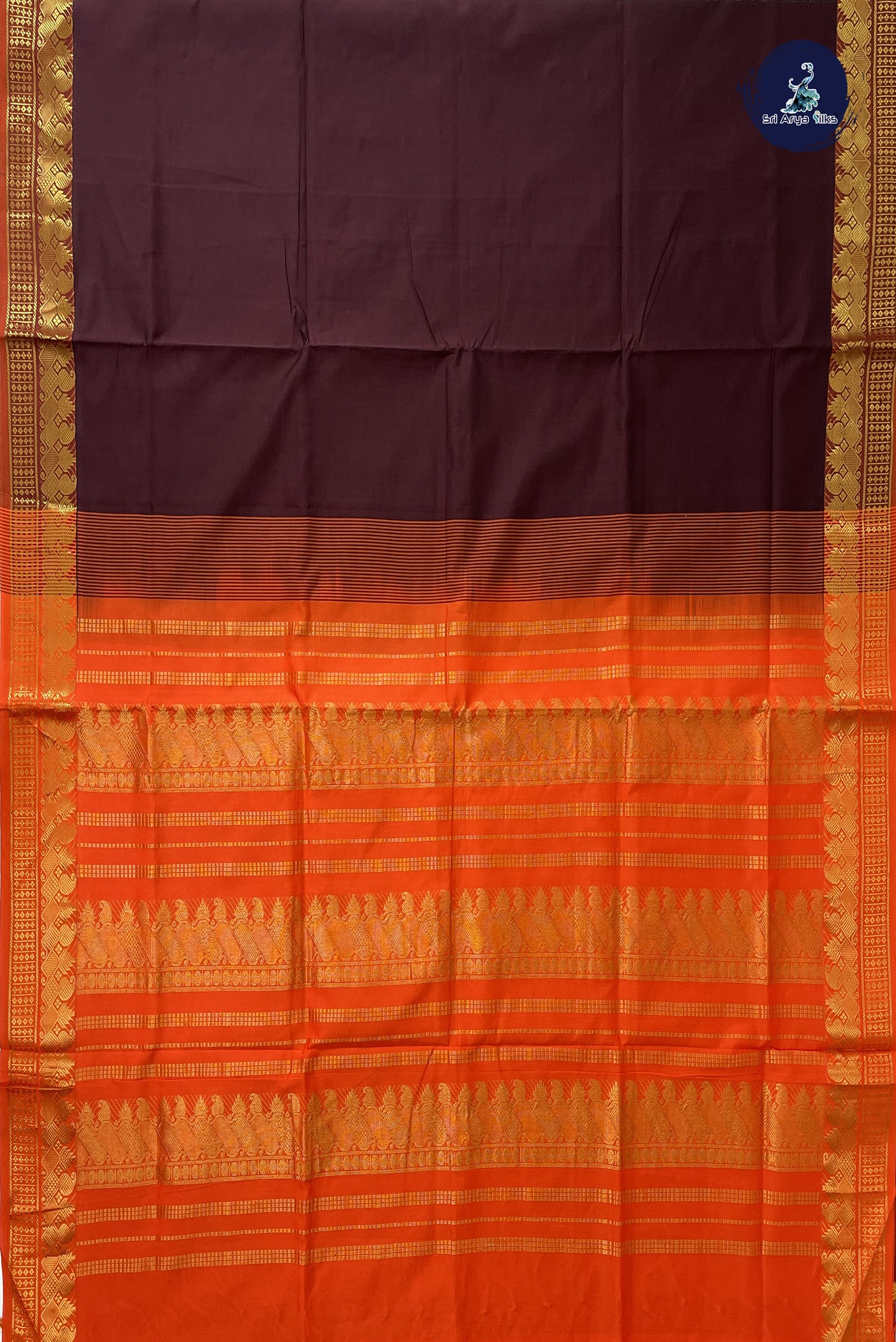 Brown Kanchi Semi Silk Cotton Saree With Plain Pattern