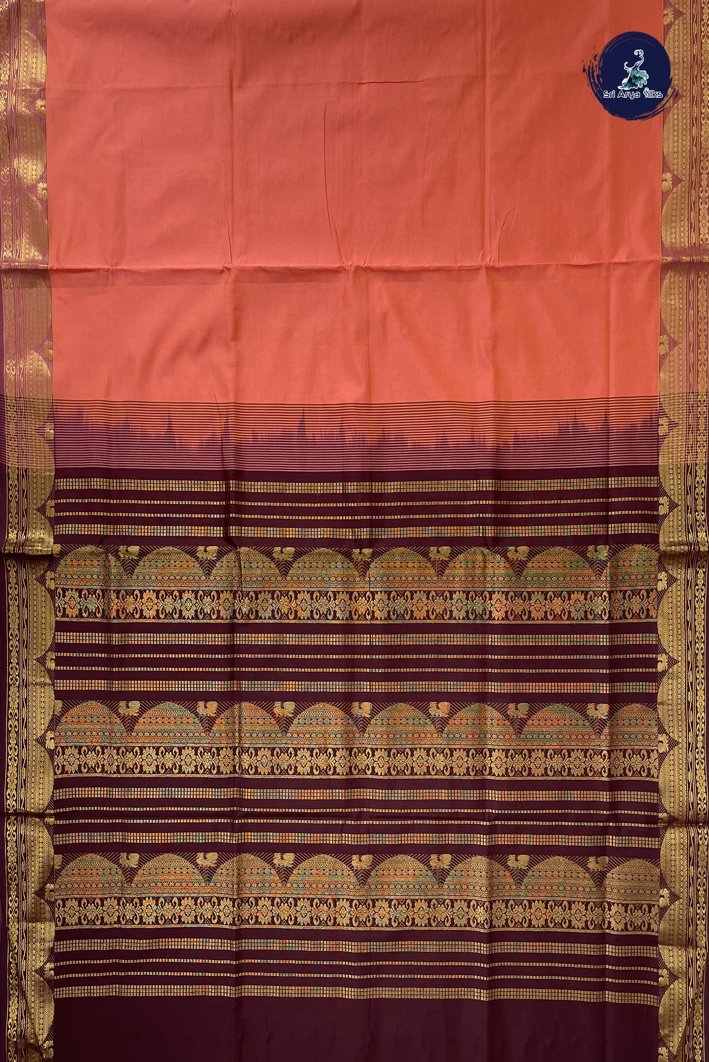 Light Peach Kanchi Semi Silk Cotton Saree With Plain Pattern