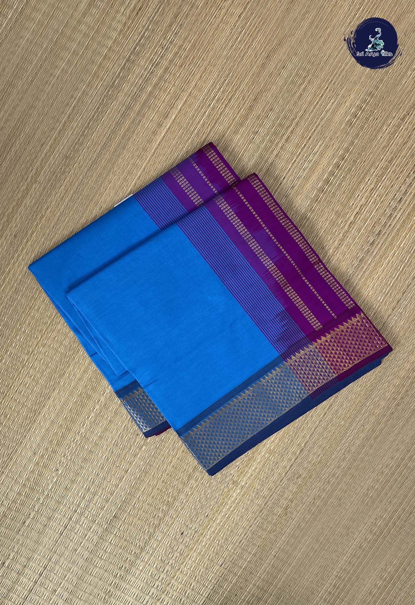 Copper Sulphate Blue Kanchi Semi Silk Cotton Saree With Plain Pattern