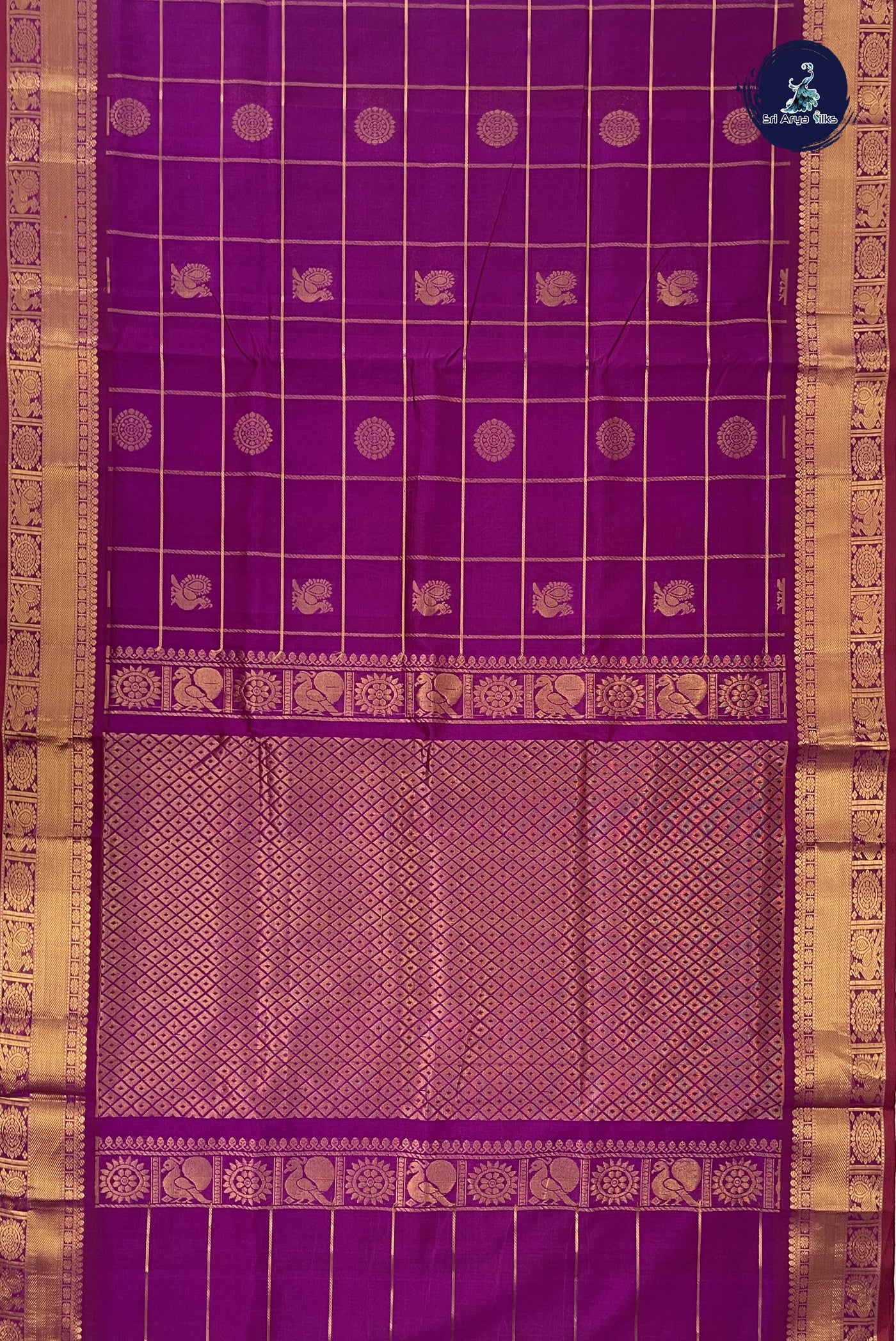 Purple Checked Saree With Mayil Chakram Butta Pattern
