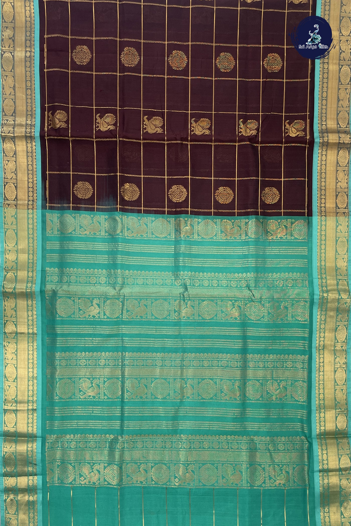 Coffee Brown Checked Saree With Mayil Chakram Butta Pattern