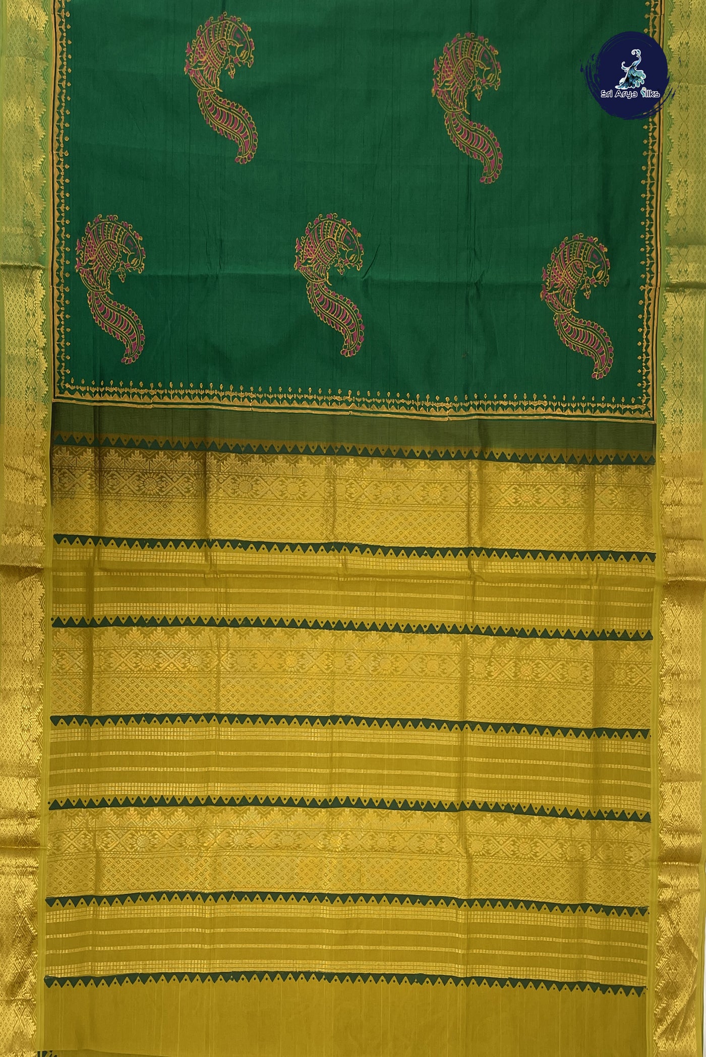 Dark Green Kanchi Semi Silk Cotton Saree With Printed Pattern