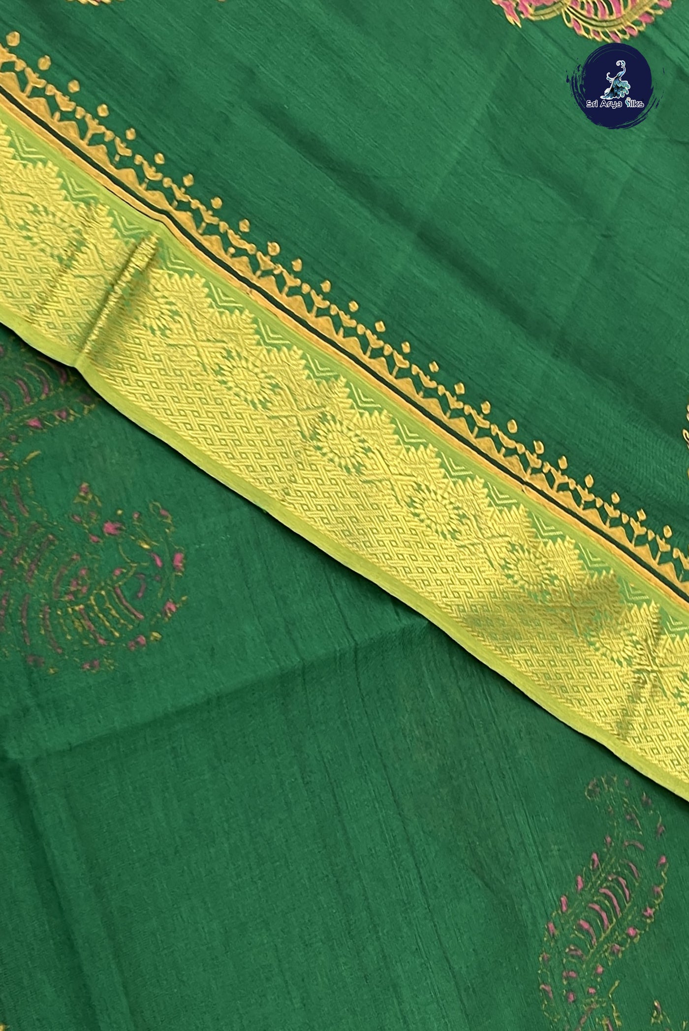 Dark Green Kanchi Semi Silk Cotton Saree With Printed Pattern