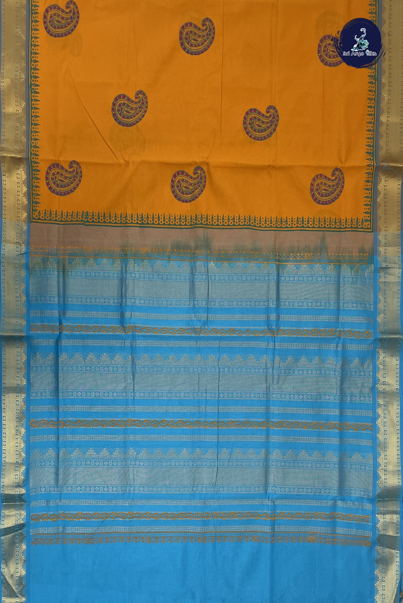Turmeric Yellow Kanchi Semi Silk Cotton Saree With Printed Pattern
