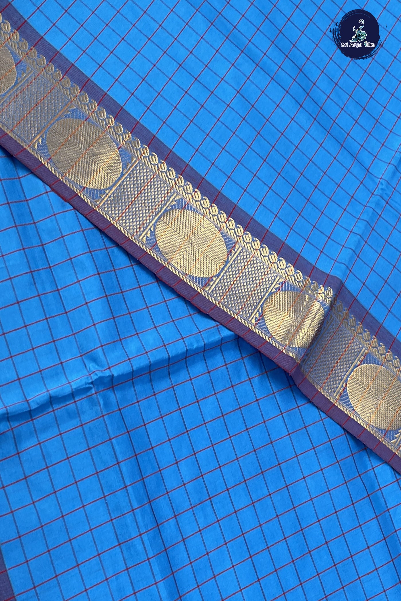 Copper Sulphate Blue Kanchi Semi Silk Cotton Saree With Checked Pattern