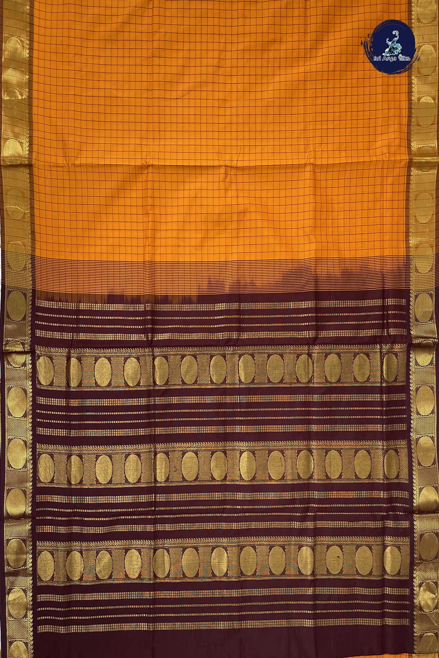 Yellowish Orange Kanchi Semi Silk Cotton Saree With Checked Pattern