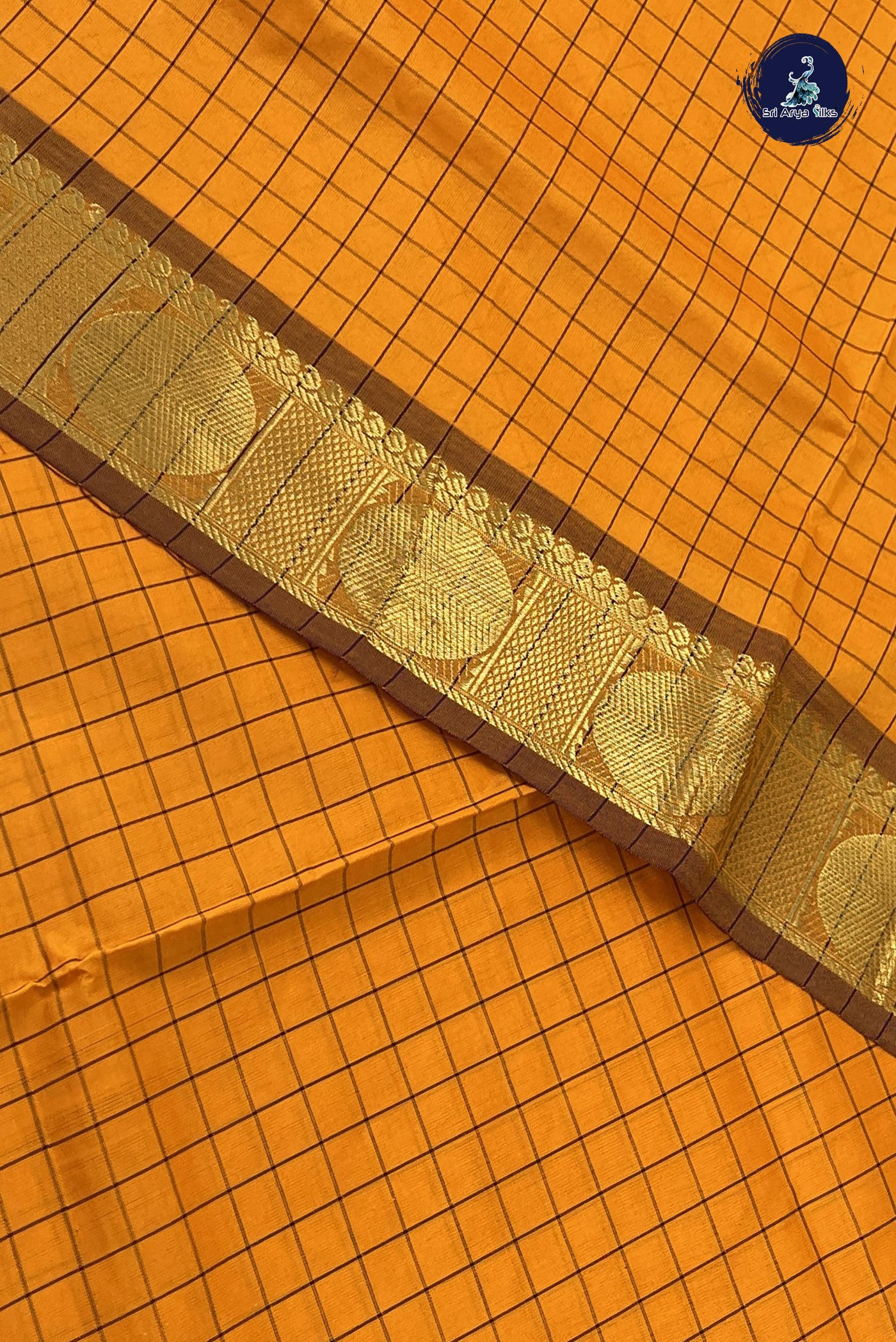 Yellowish Orange Kanchi Semi Silk Cotton Saree With Checked Pattern