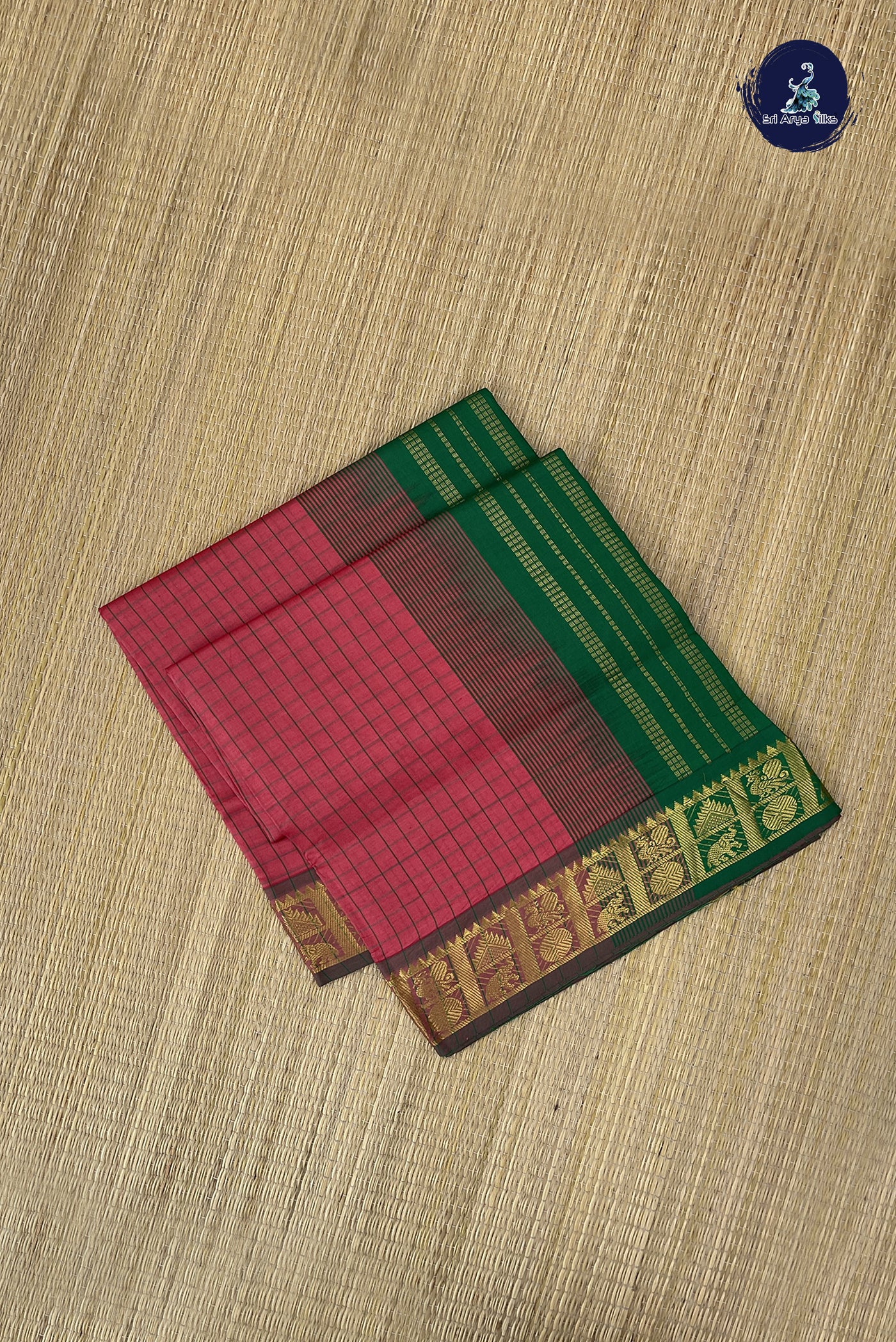 Peach Pink Kanchi Semi Silk Cotton Saree With Checked Pattern