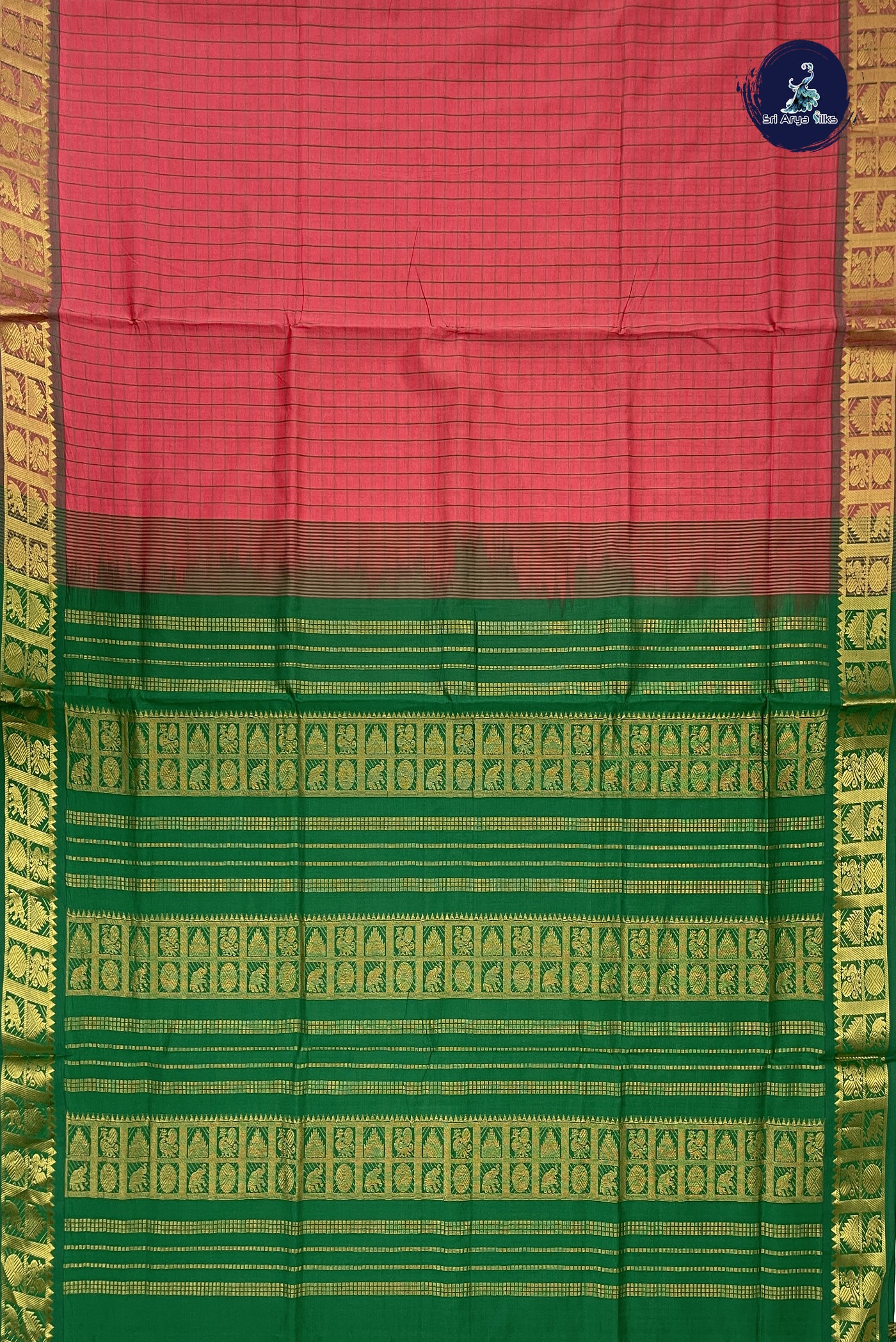 Peach Pink Kanchi Semi Silk Cotton Saree With Checked Pattern