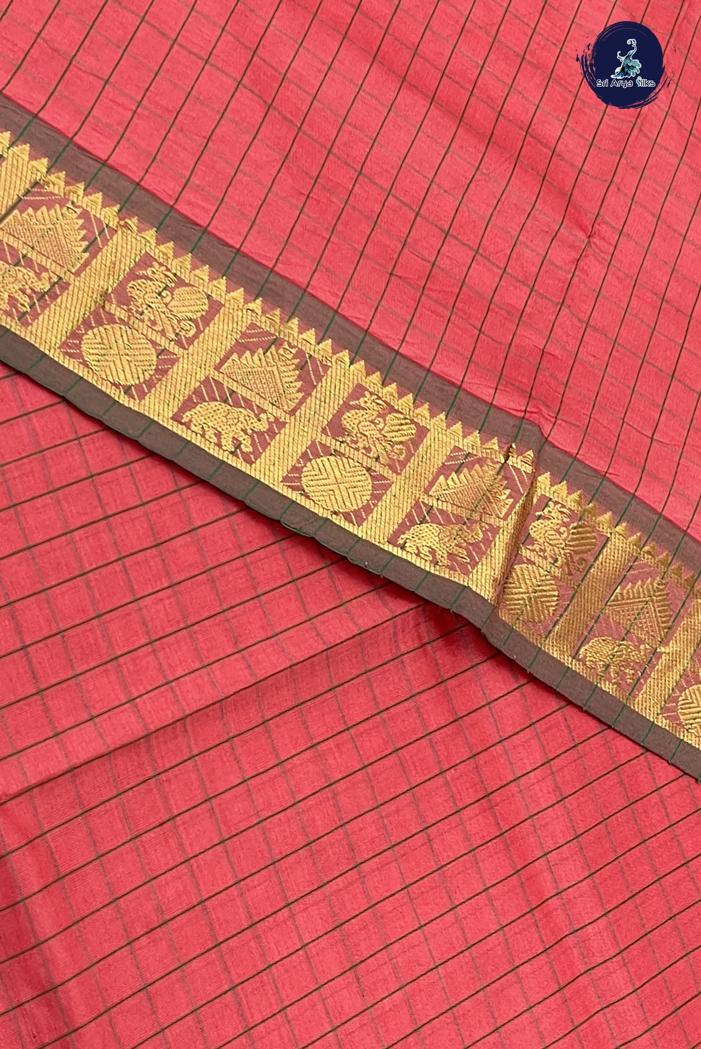 Peach Pink Kanchi Semi Silk Cotton Saree With Checked Pattern