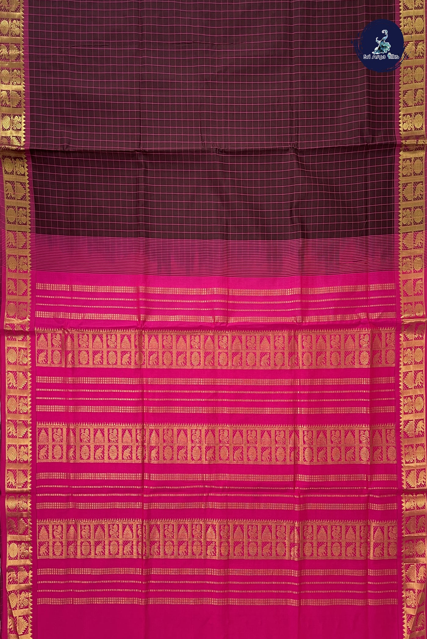 Coffee Brown Kanchi Semi Silk Cotton Saree With Checked Pattern