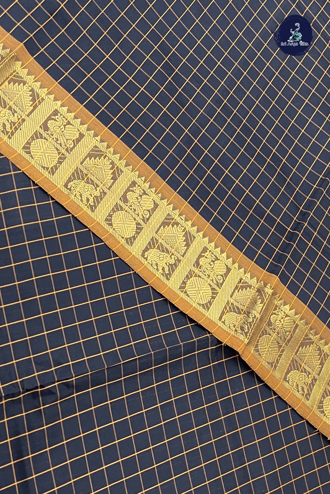 Black Kanchi Semi Silk Cotton Saree With Checked Pattern