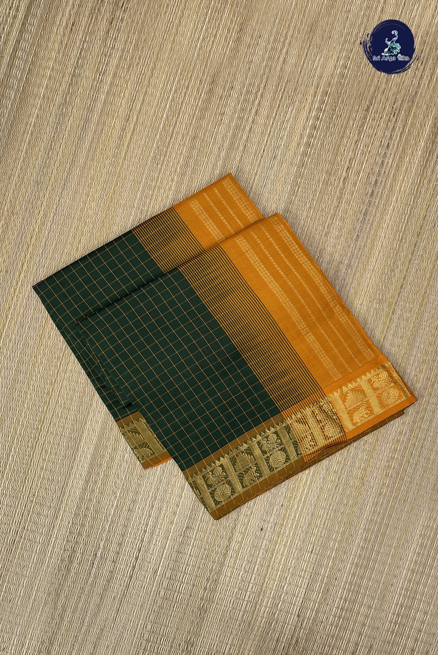 Dark Green Kanchi Semi Silk Cotton Saree With Checked Pattern
