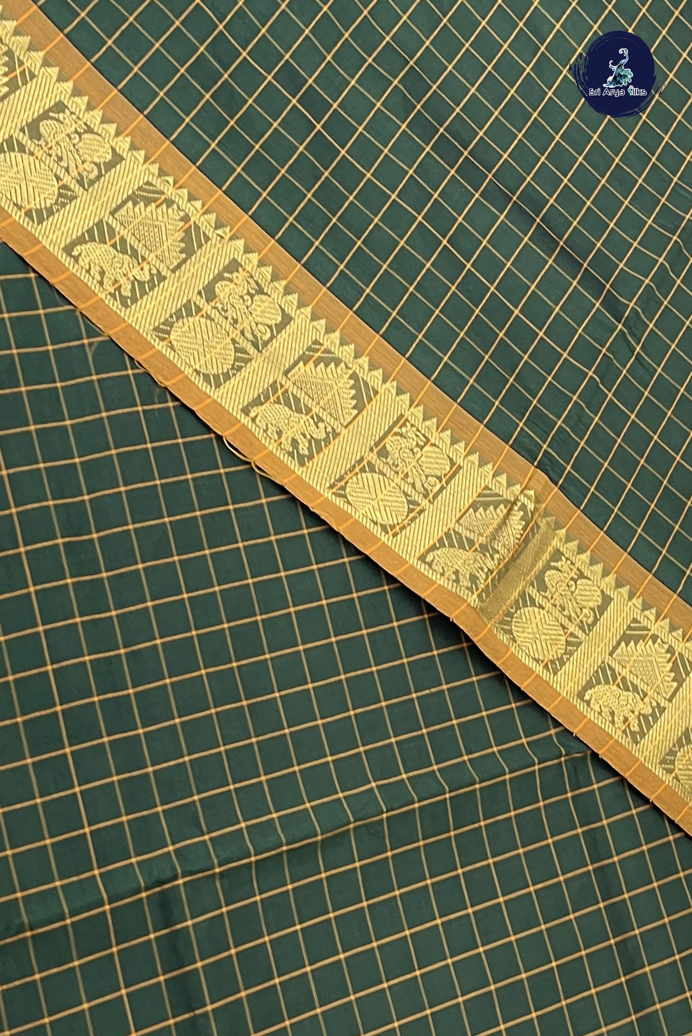 Dark Green Kanchi Semi Silk Cotton Saree With Checked Pattern