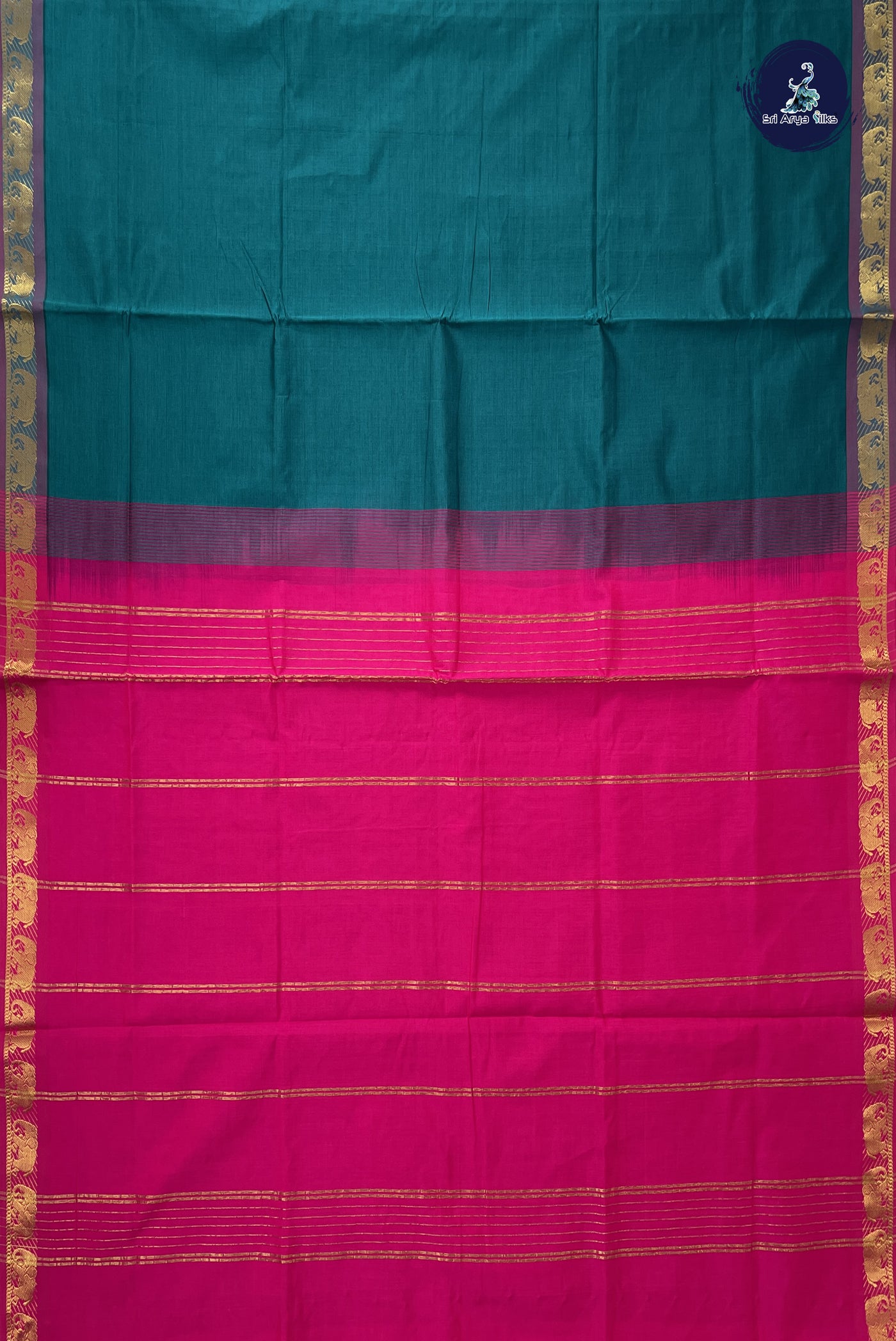 Peacock Green Kanchi Semi Silk Cotton Saree With Plain Pattern