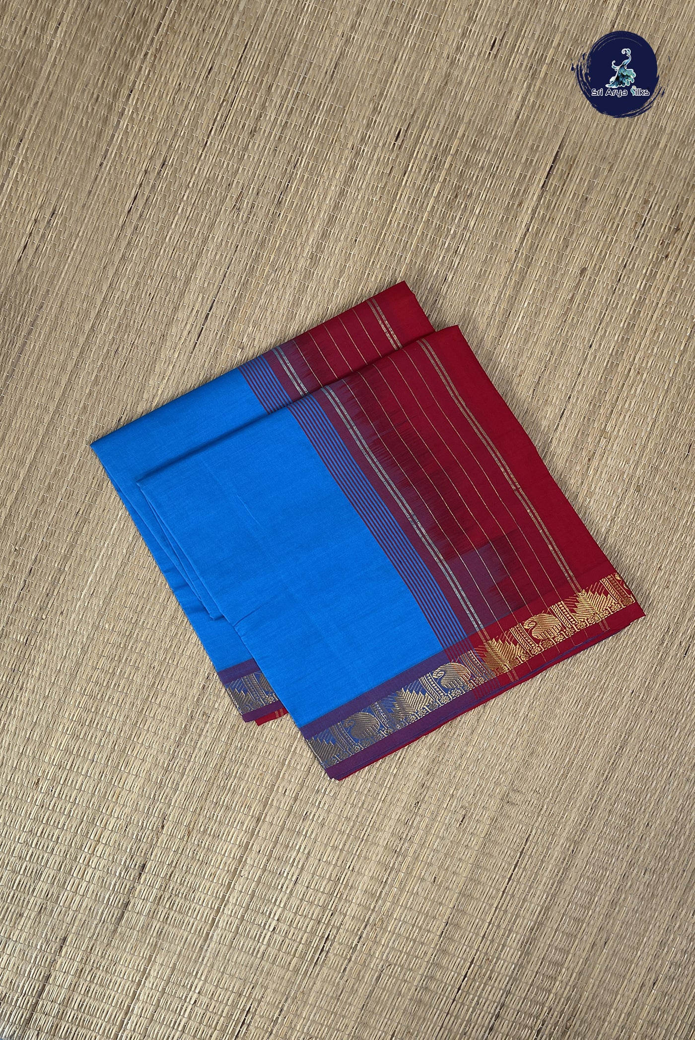Copper Sulphate Blue Kanchi Semi Silk Cotton Saree With Plain Pattern