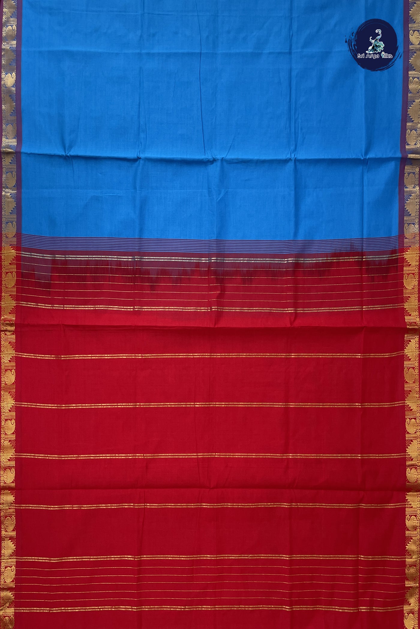Copper Sulphate Blue Kanchi Semi Silk Cotton Saree With Plain Pattern