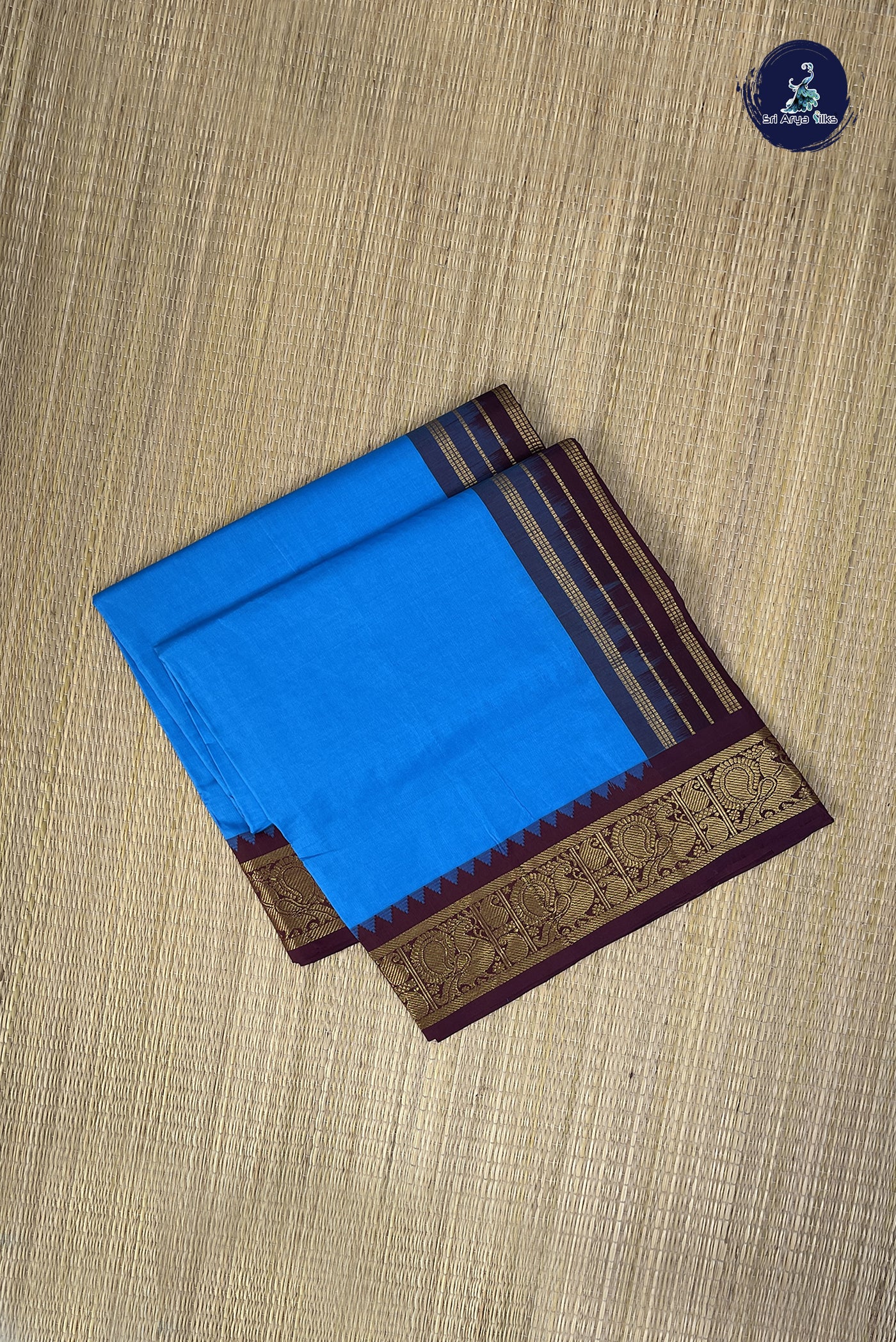 Copper Sulphate Blue Kanchi Semi Silk Cotton Saree With Plain Pattern