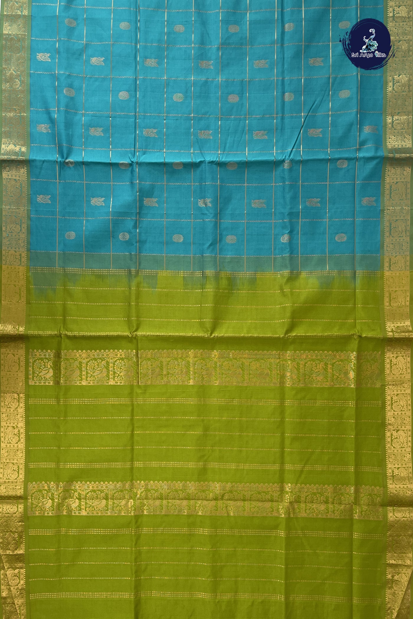 Turquoise Kanchi Semi Silk Cotton Saree With Mayil Chakram Butta Pattern