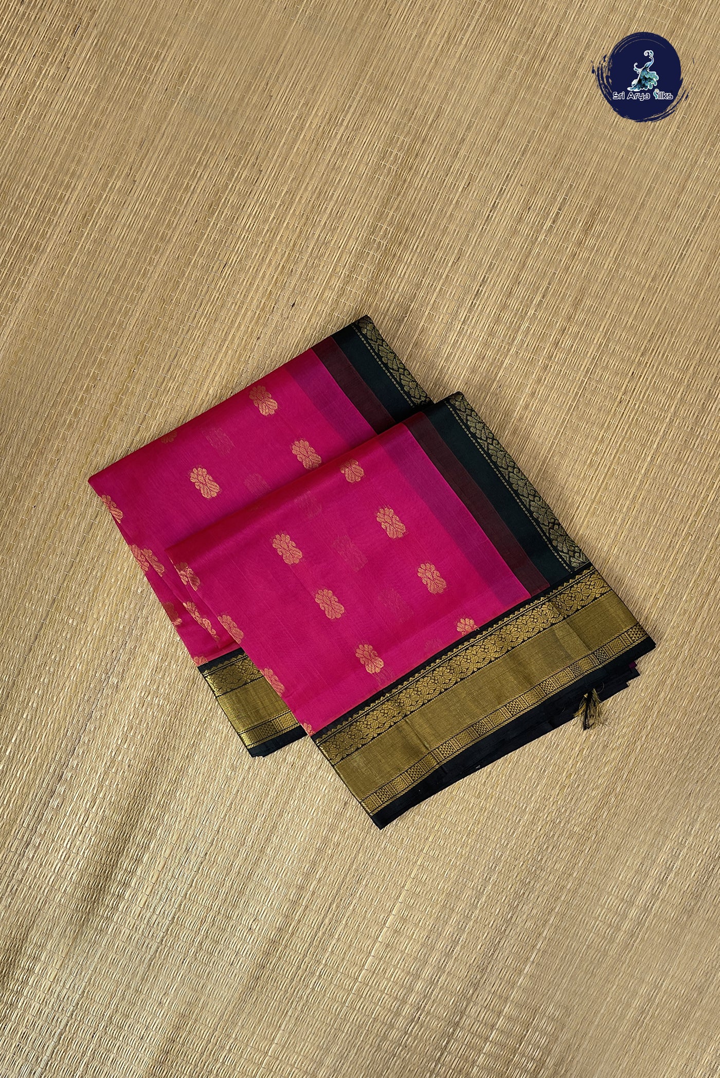 Dark Pink Korvai Silk Cotton Saree With Zari Buttas Pattern