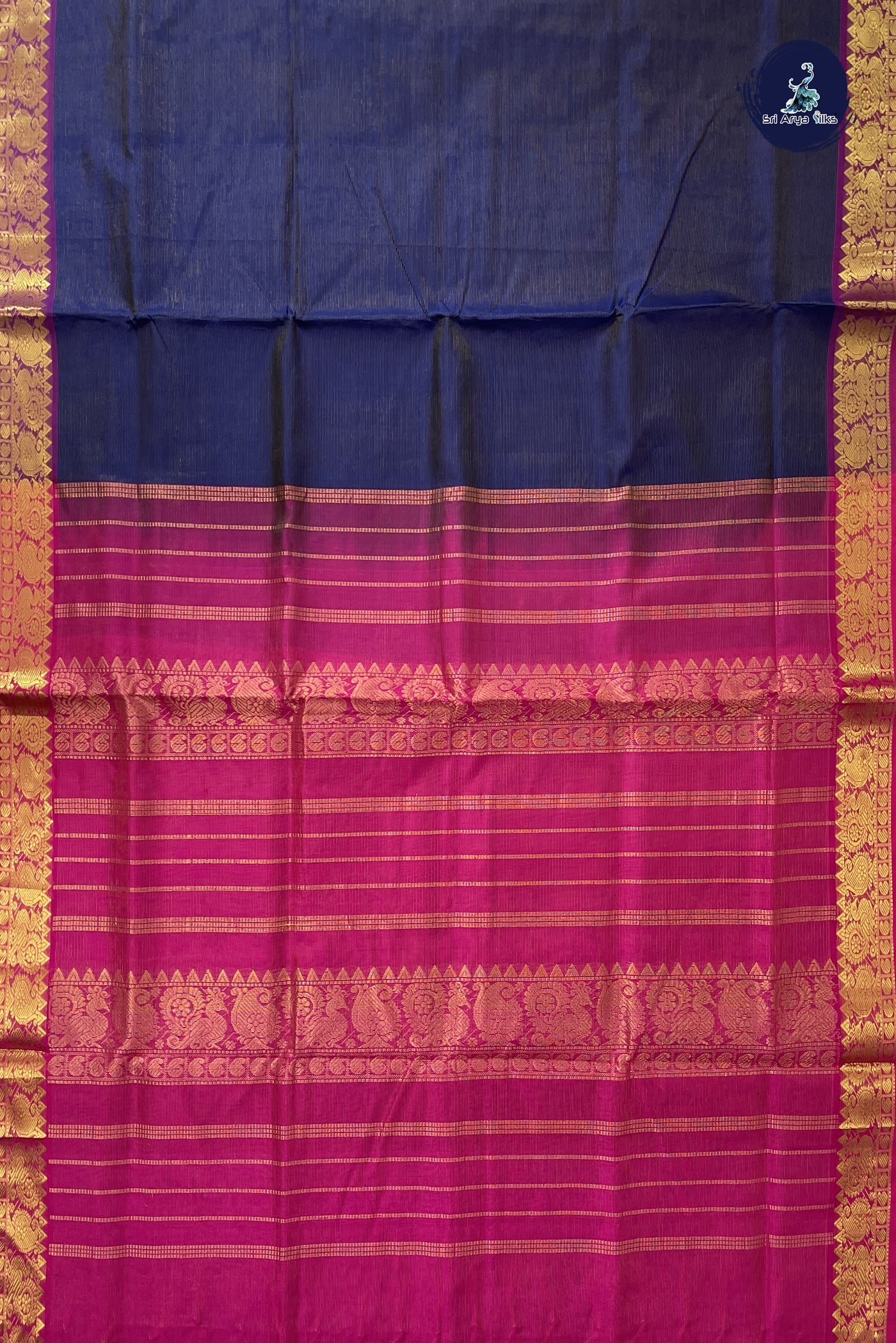 Navy Blue Vaira Oosi Silk Cotton Saree With Vaira Oosi Pattern