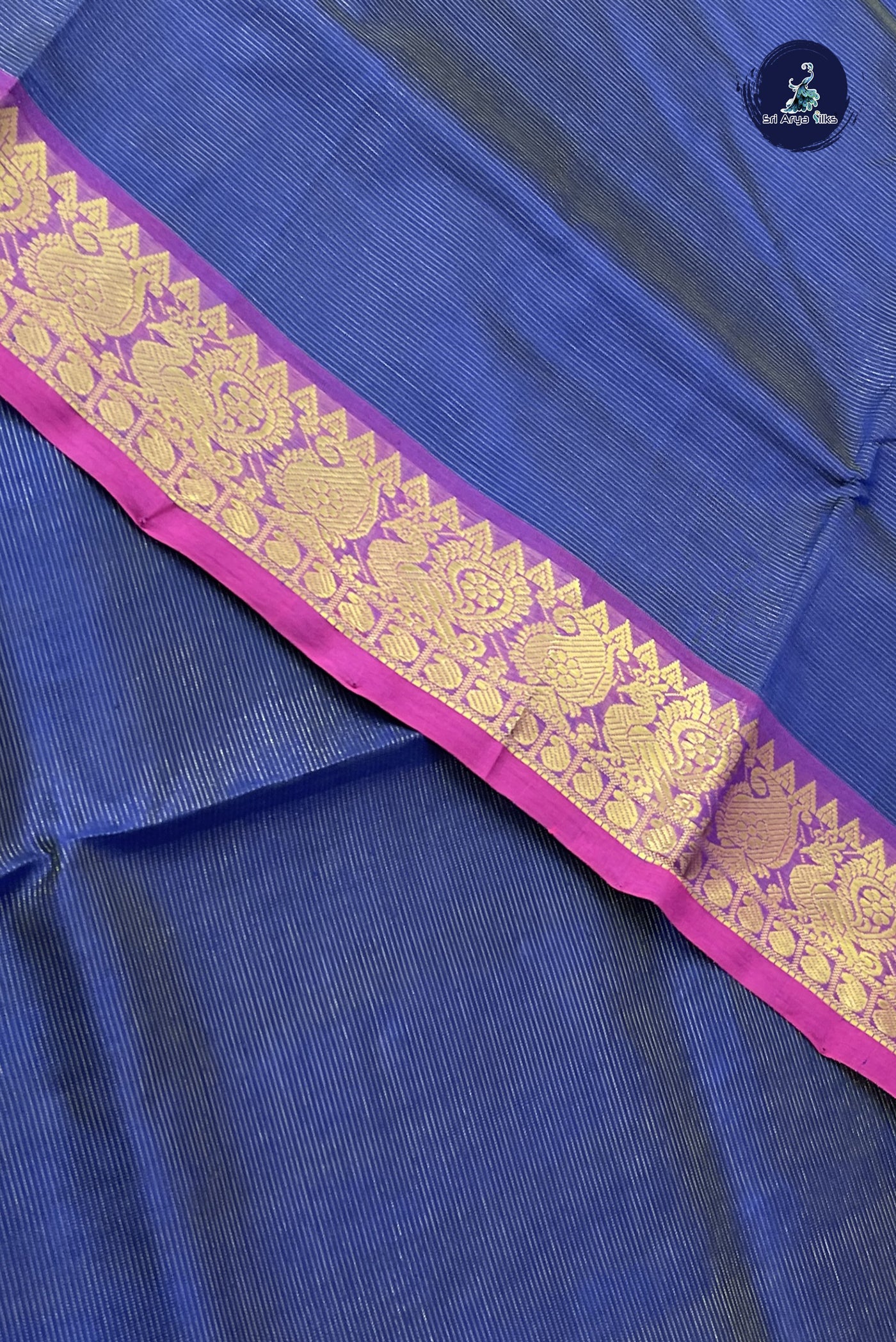 Navy Blue Vaira Oosi Silk Cotton Saree With Vaira Oosi Pattern