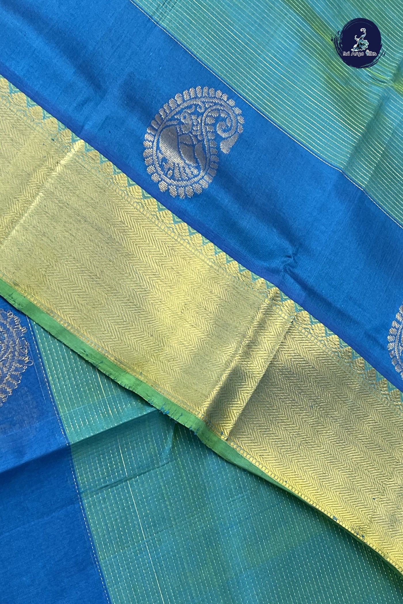 Bluish Green Bridal Silk Cotton Saree With Stripes Pattern