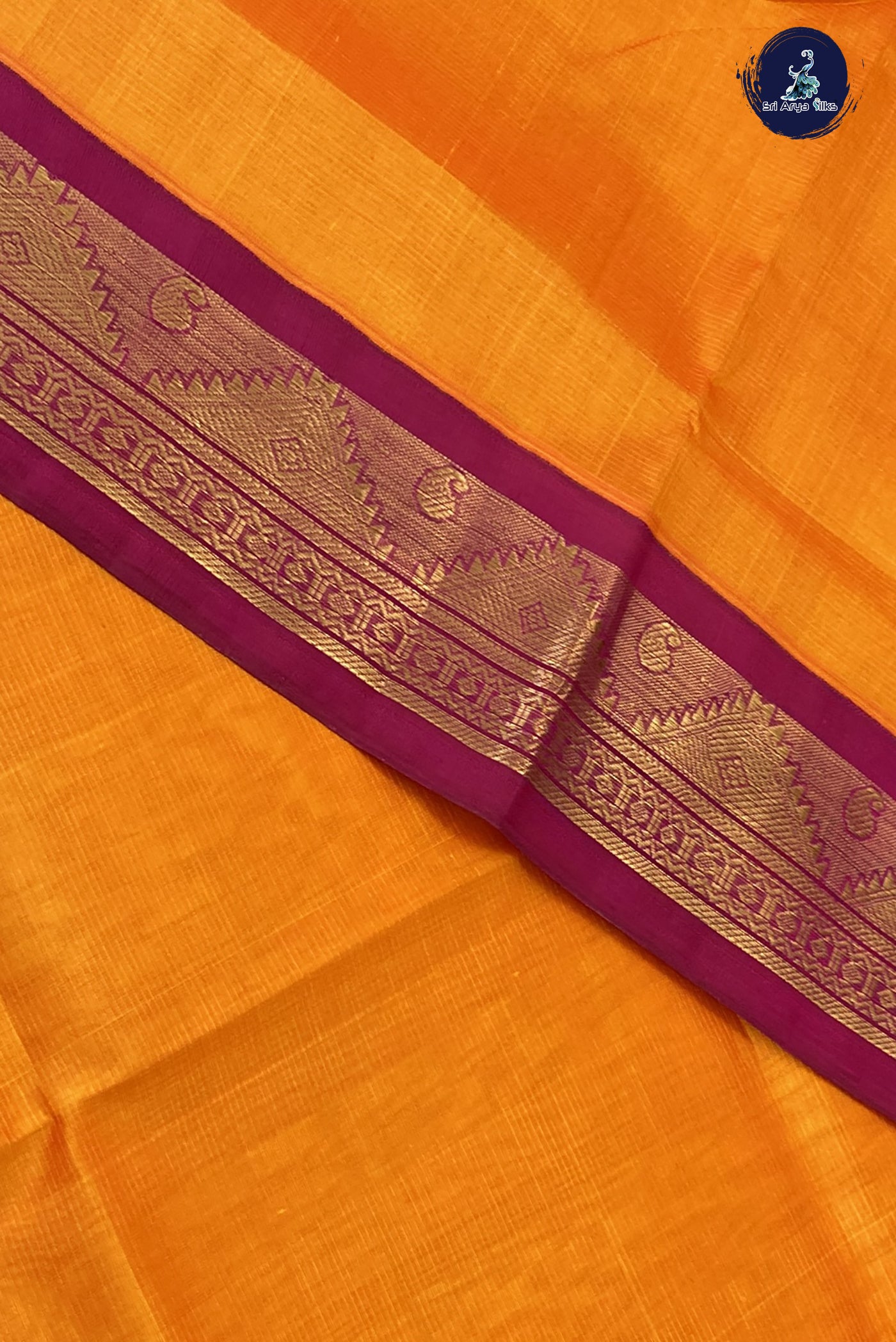 Yellowish Orange Vaira Oosi Silk Cotton Saree With Vaira Oosi Pattern