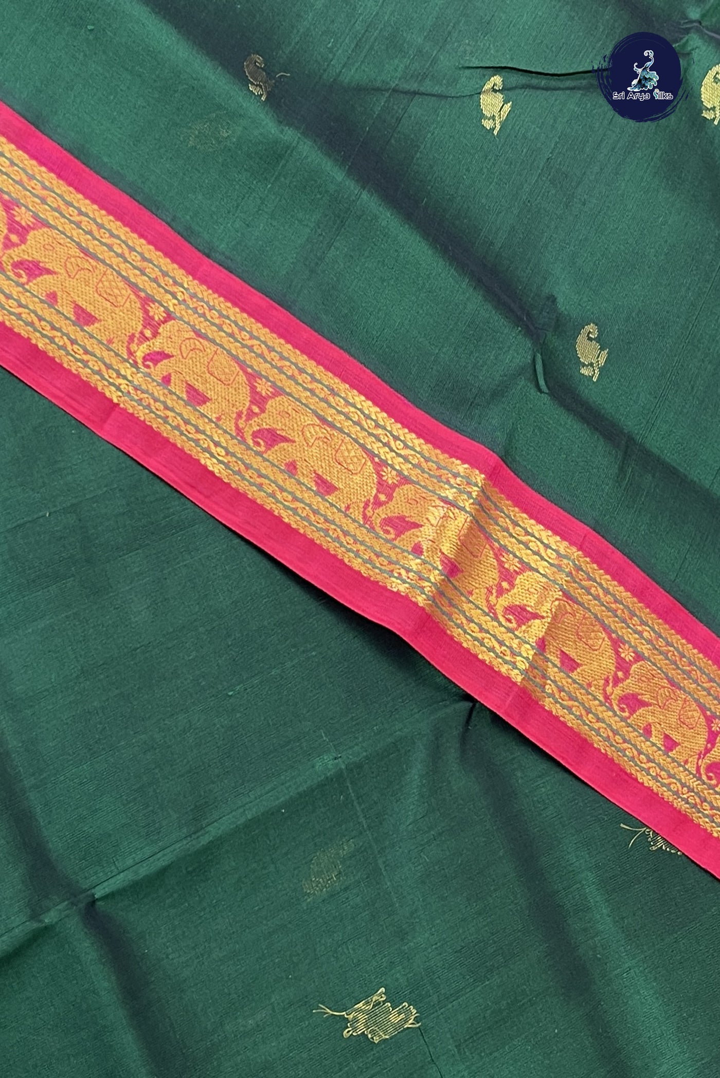 Bottle Green Korvai Silk Cotton Saree With Zari Buttas Pattern