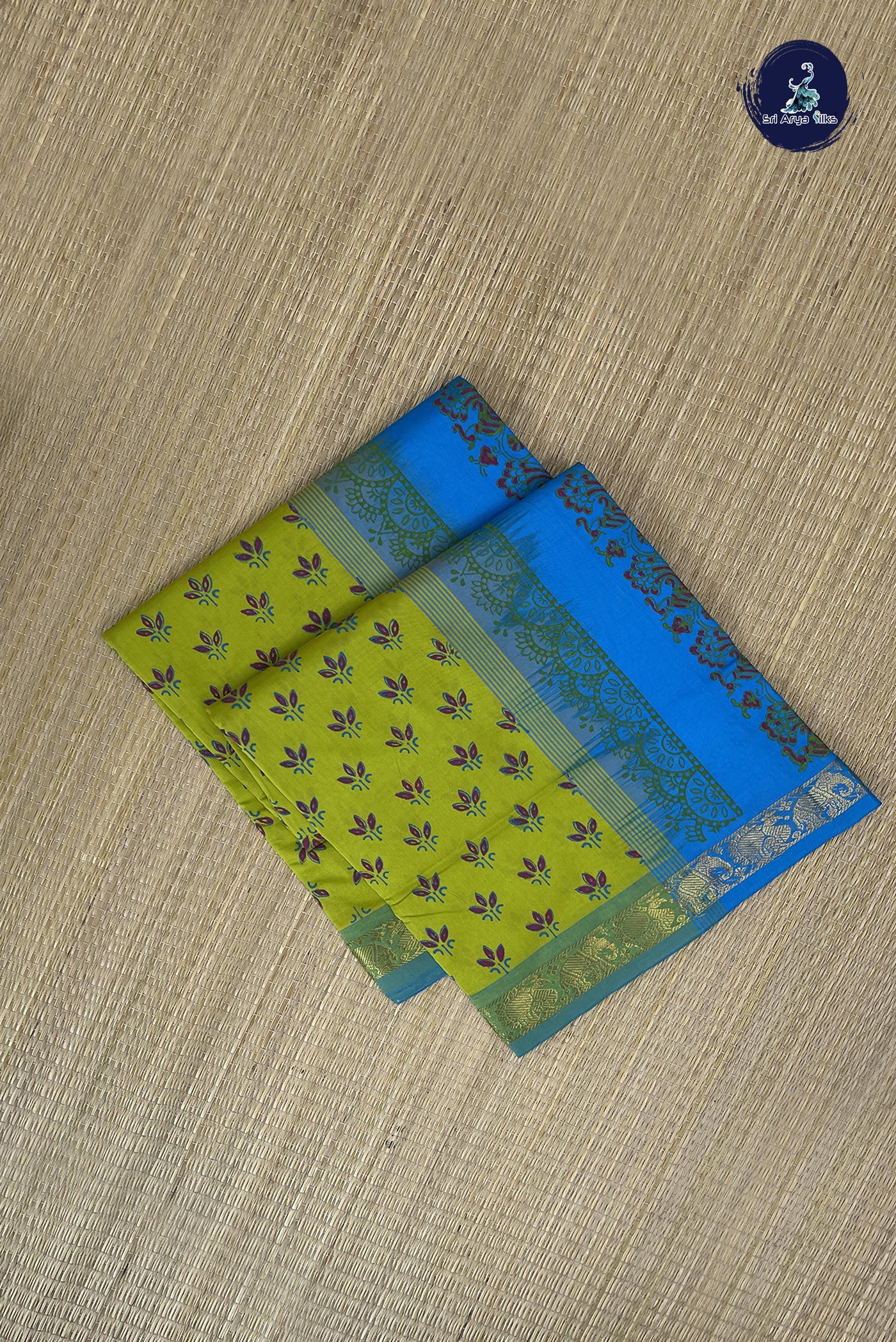 Lime Green Kanchi Semi Silk Cotton Saree With Printed Pattern