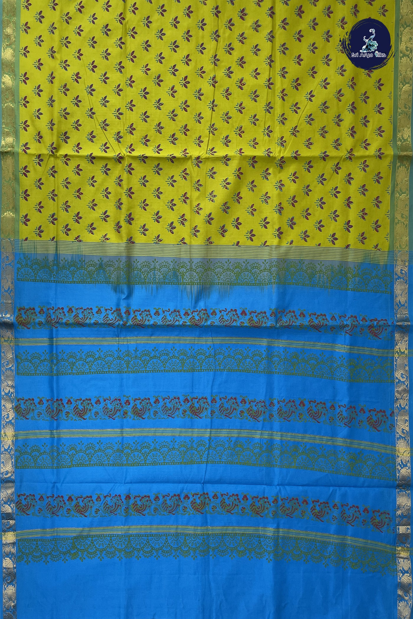 Lime Green Kanchi Semi Silk Cotton Saree With Printed Pattern